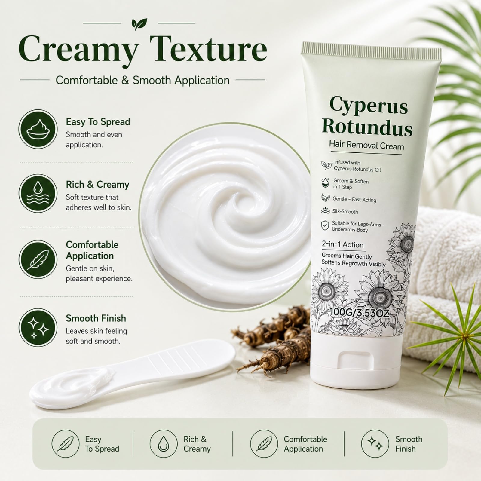 Cyperus Rotundus - Crema depilatoria a base di erbe, crema depilatoria naturale delicata per corpo e zona bikini con raschietto, 2 in 1 (5 pezzi)