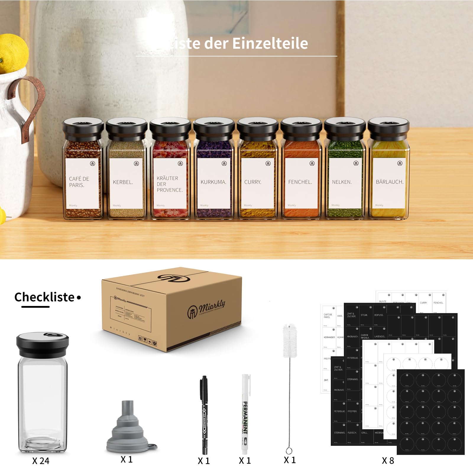 Lot de 24 pots à épices carrés - 120 ml - Avec insert à saupoudrer - Avec couvercle rotatif rond - Joint solide - Organiseur à épices en acier inoxydable avec entonnoir, étiquette et stylo