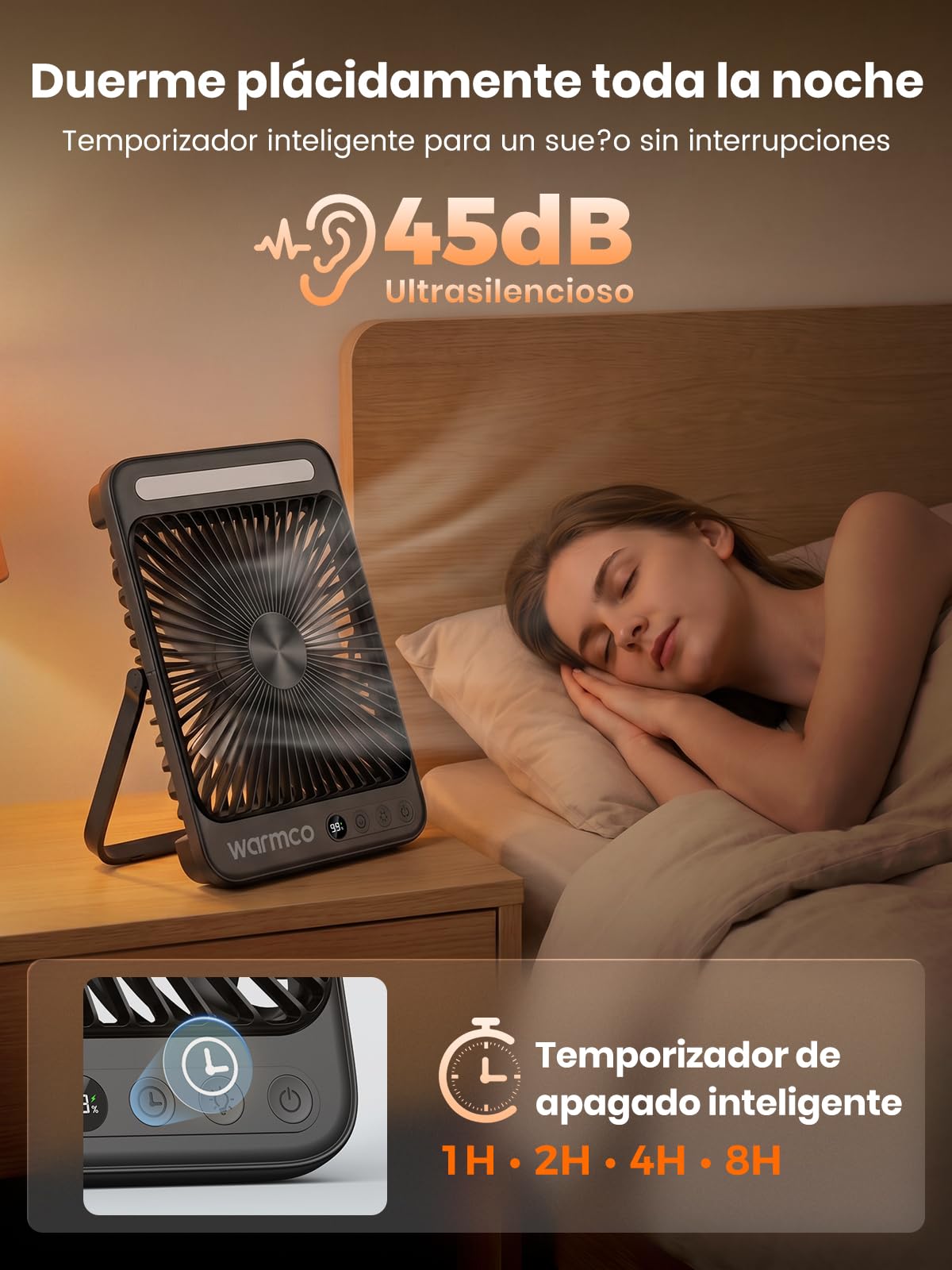 Warmco D4 Pro Ventilador Camping 20000mAh, 27cm Ultrafino Ventilador Recargable con Luz, Carga Rápida 22,5W, 15-48H Autonomía, Gancho, Temporizador, Portátil Silencioso para Tienda, Cama, Viaje