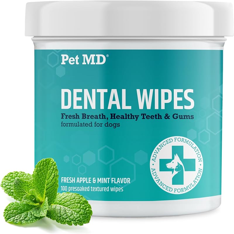 Pet MD Toallitas dentales para dientes de perros - Sabor fresco a manzana y menta - 100 ct | Toallitas limpiadoras de dientes de perro para eliminar la placa y el sarro: promueven encías saludables y un aliento fresco para una higiene bucal general