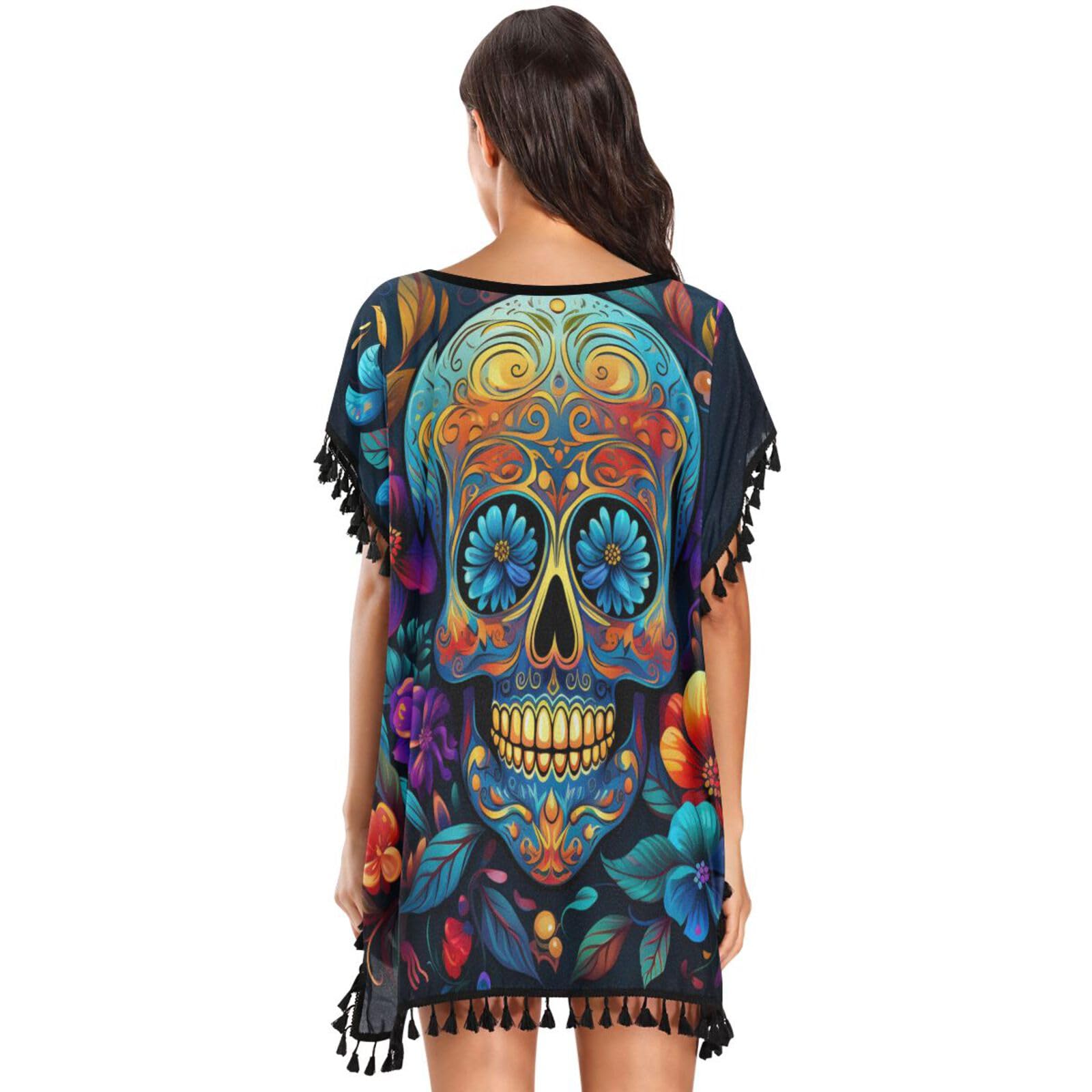 KAAVIYO Colorful Skulls Blue Leaves Women's Beach Cover Up Chiffon Tassel Swimwear Swimsuit Coverups for Girl