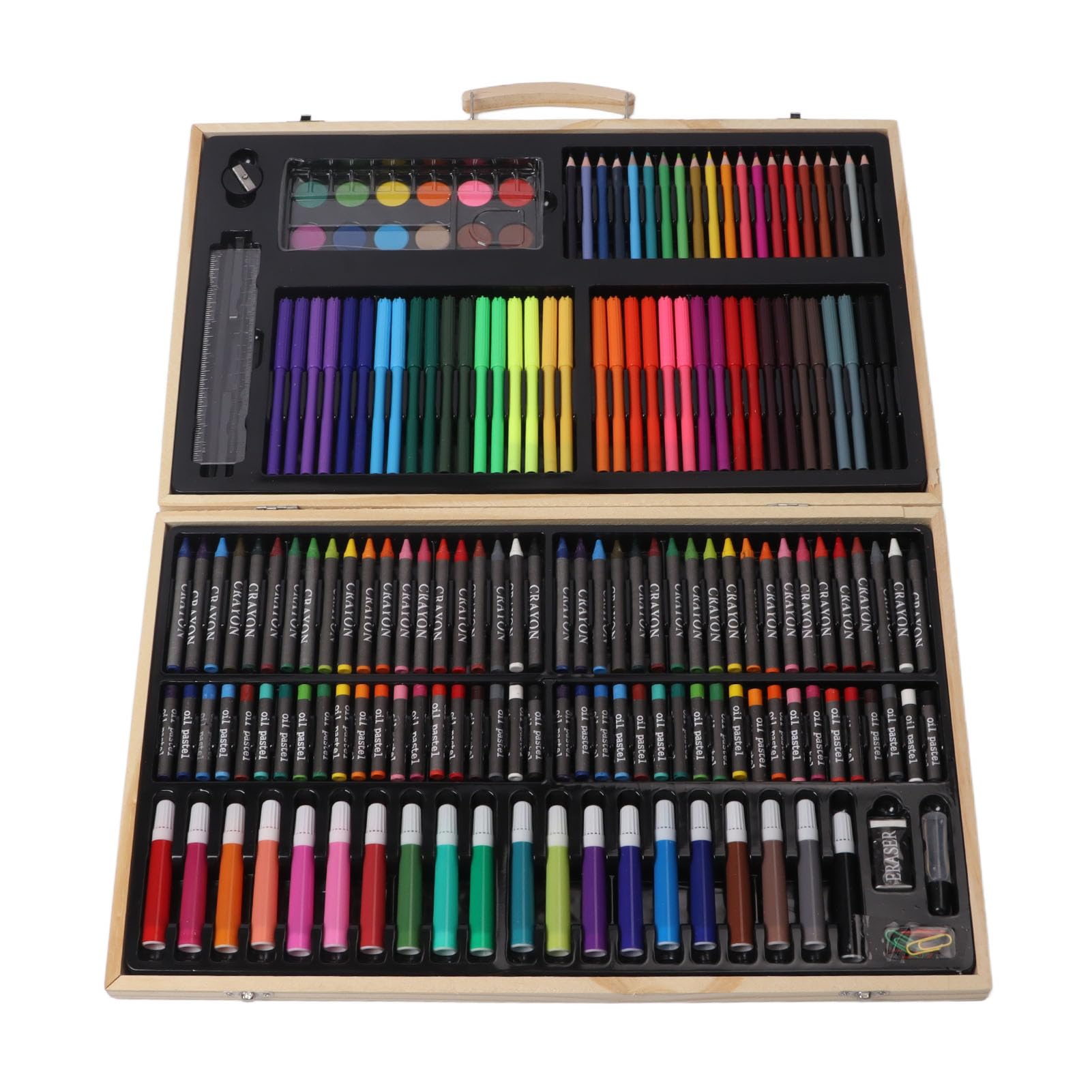 Kinder-Malset, Holzkunst-Set, vielseitiges Kunstbedarf für Kinder mit 12 Aquarellfarben, 40 Wachsmalkreiden, 40 Ölpastellkreiden, 56 Stiften und 20 Bleistiften in einer Holzbox –