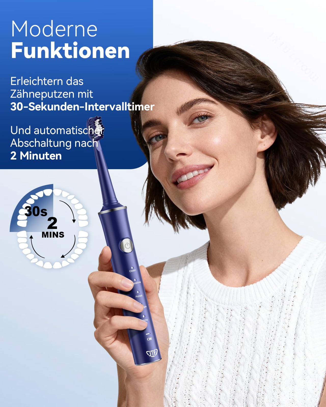 JTF Spazzolino Elettrico Sonico – Pulizia Profonda per Gengive Sensibili, 5 Modalità, 45 Giorni di Batteria, 8 Testine, IPX7 Impermeabile, Timer Intelligente, Ideale per Viaggi (Blu)