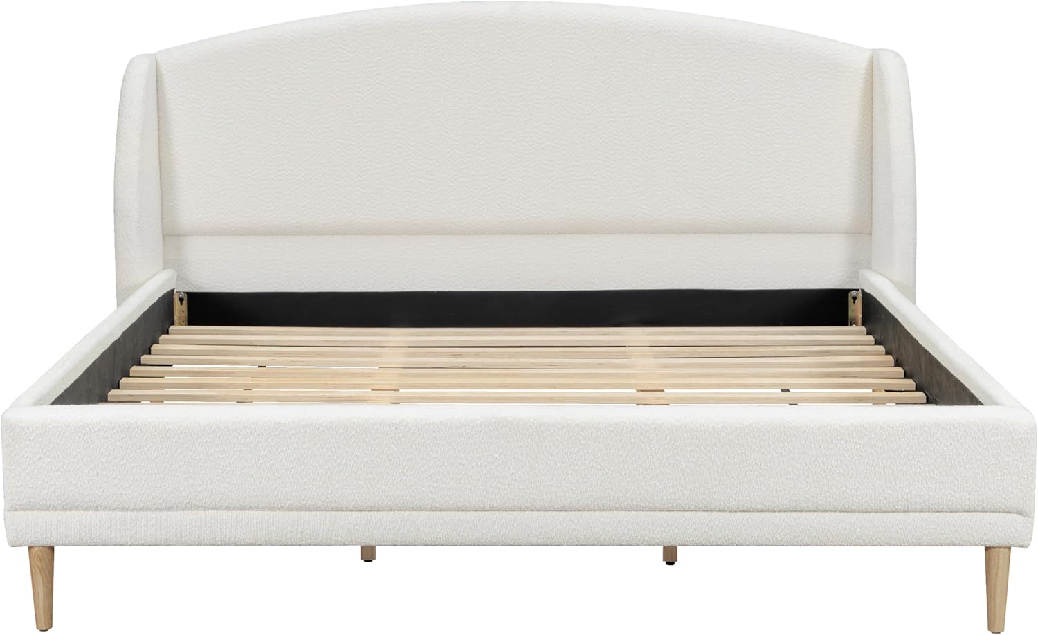 Christopher Knight Home Hazel California King Size Bed Frame, Upholstered Platform Bed, Soft Boucle Headboard, Wood Bed Support and Slats, Curved-Shaped Headboard California King Bed, 43.90" H White