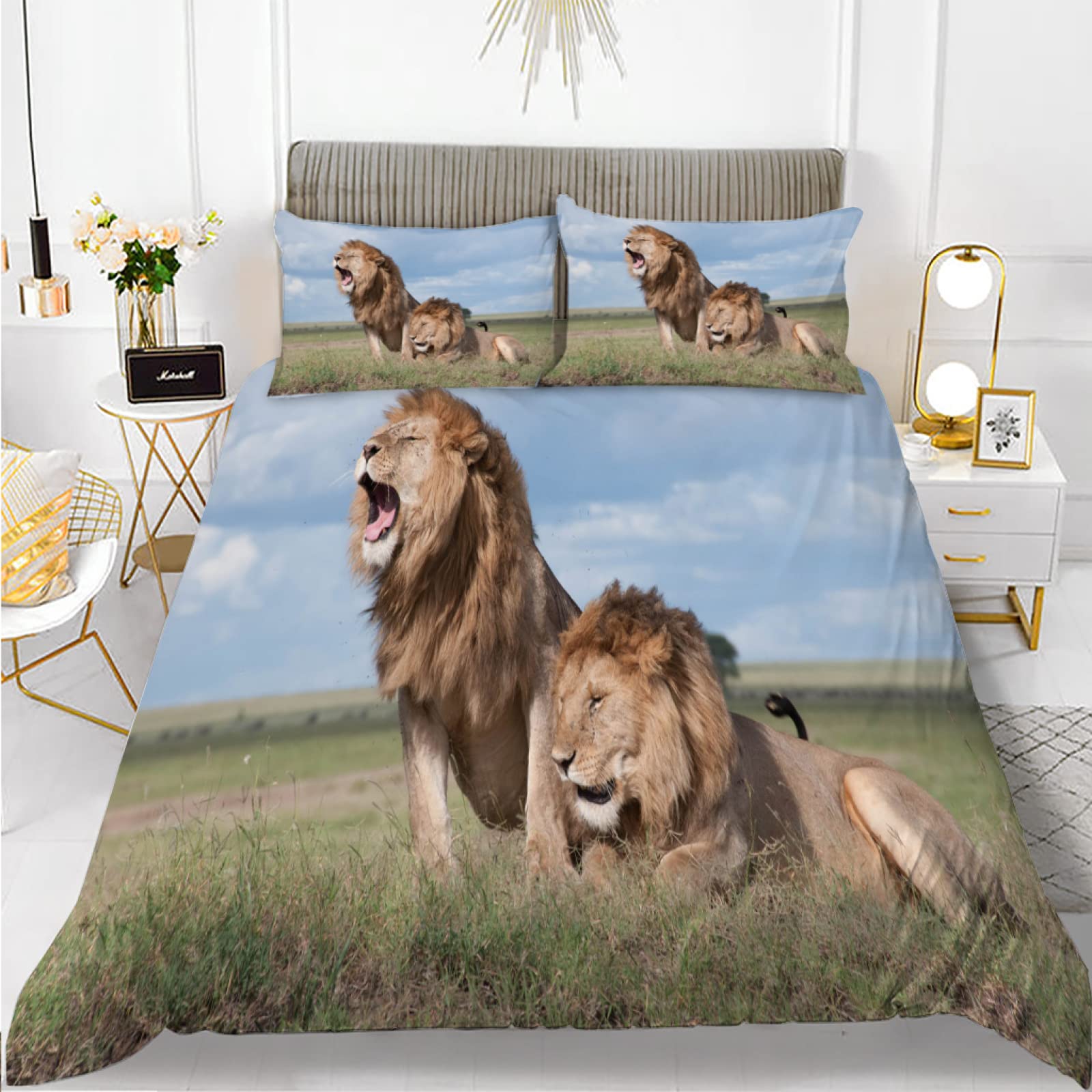 Housse de Couette Fermeture Éclair 160x200 Lion Vert Facile à Enfiler