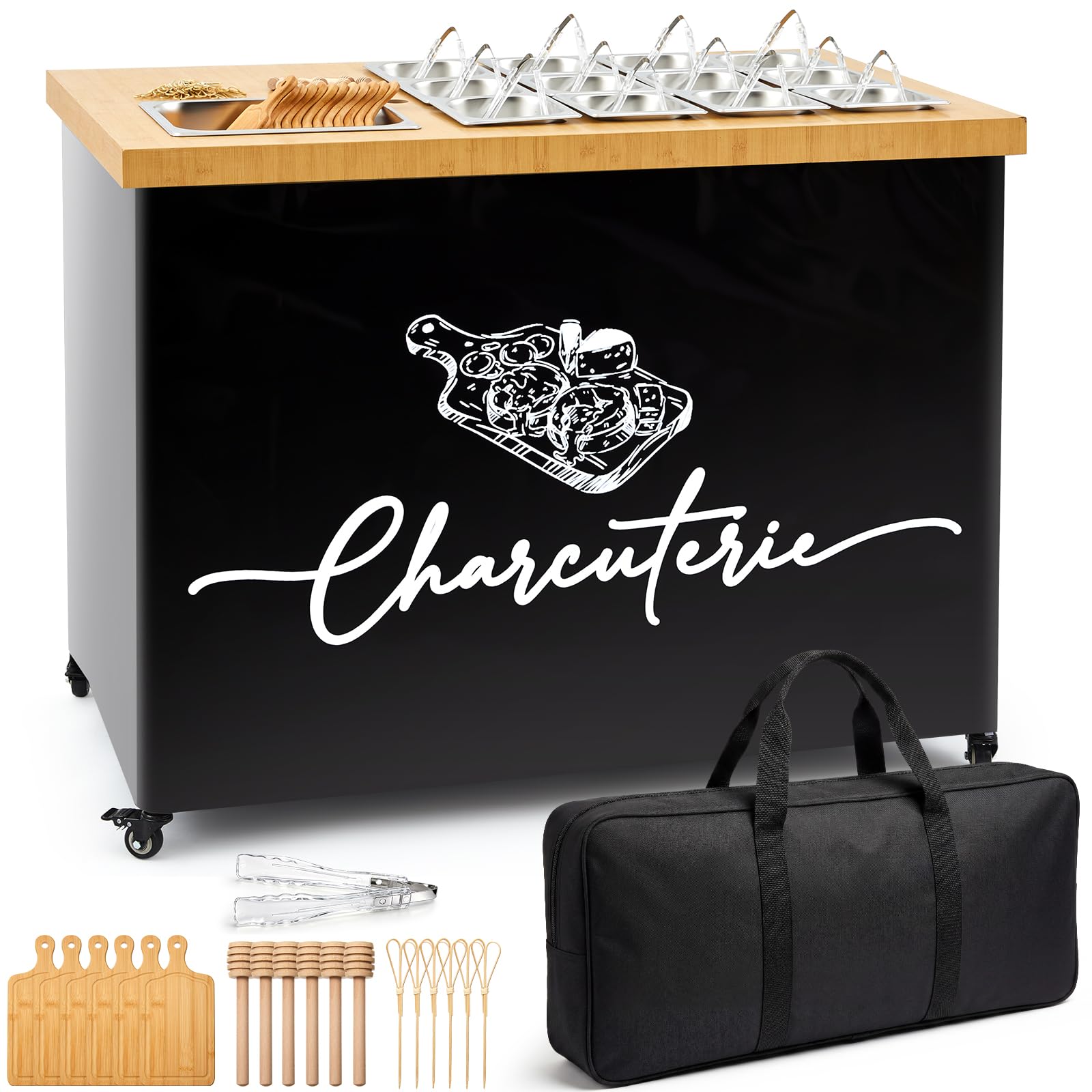 Condition photo showing New/Like New for novabright 48" foldable charcuterie cart set table lock casters cloth bag mobile portable food serving cart snack display carts party wedding outdoor bbq with bowl board clip prod honey wand(black)