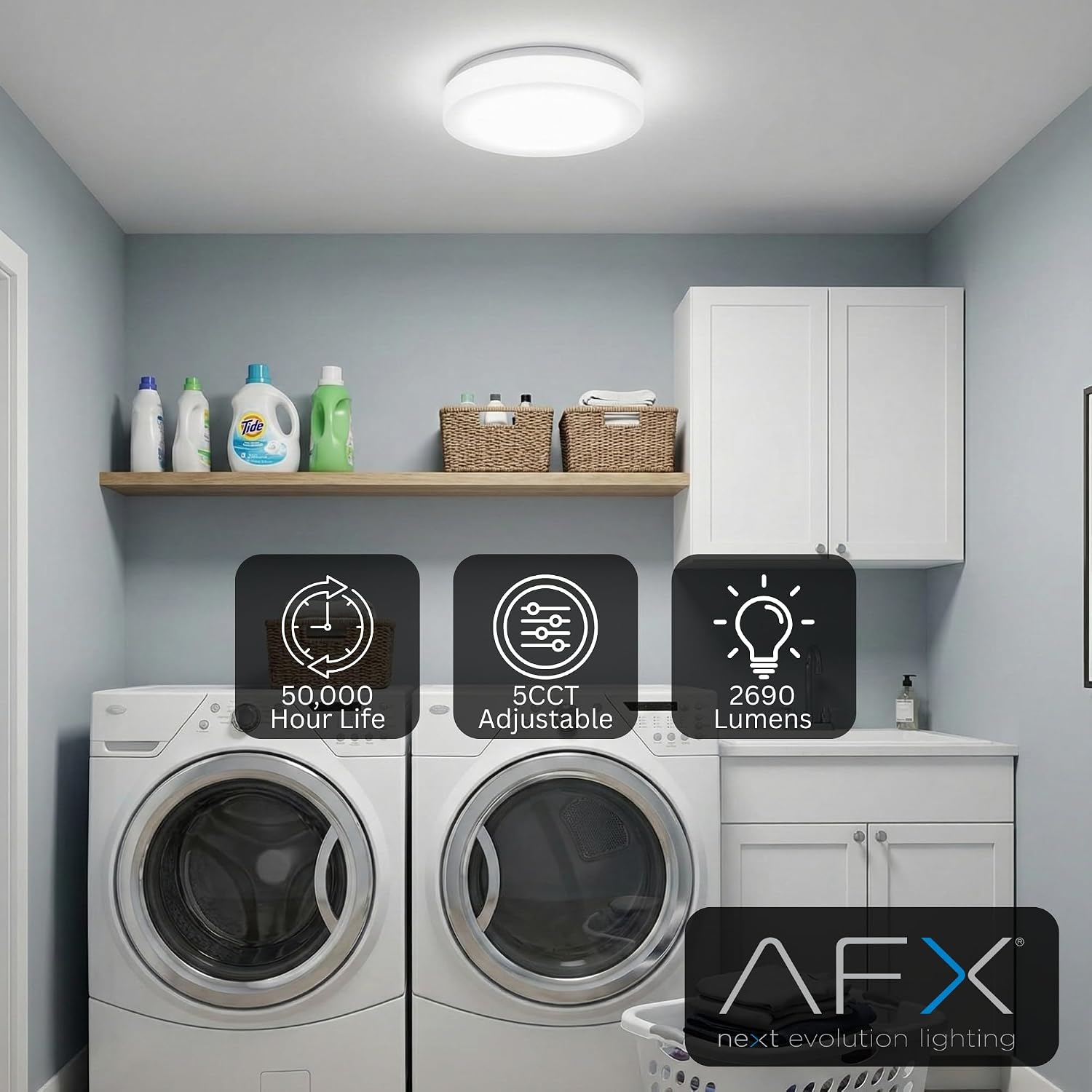 AFX Cirrus C2F11L5AJUDWH 11″ LED Flush Mount Ceiling Light | Adjustable 2700-5000K CCT | Up to 2690 Lumens | 120-277 V | Damp Rated | White Finish