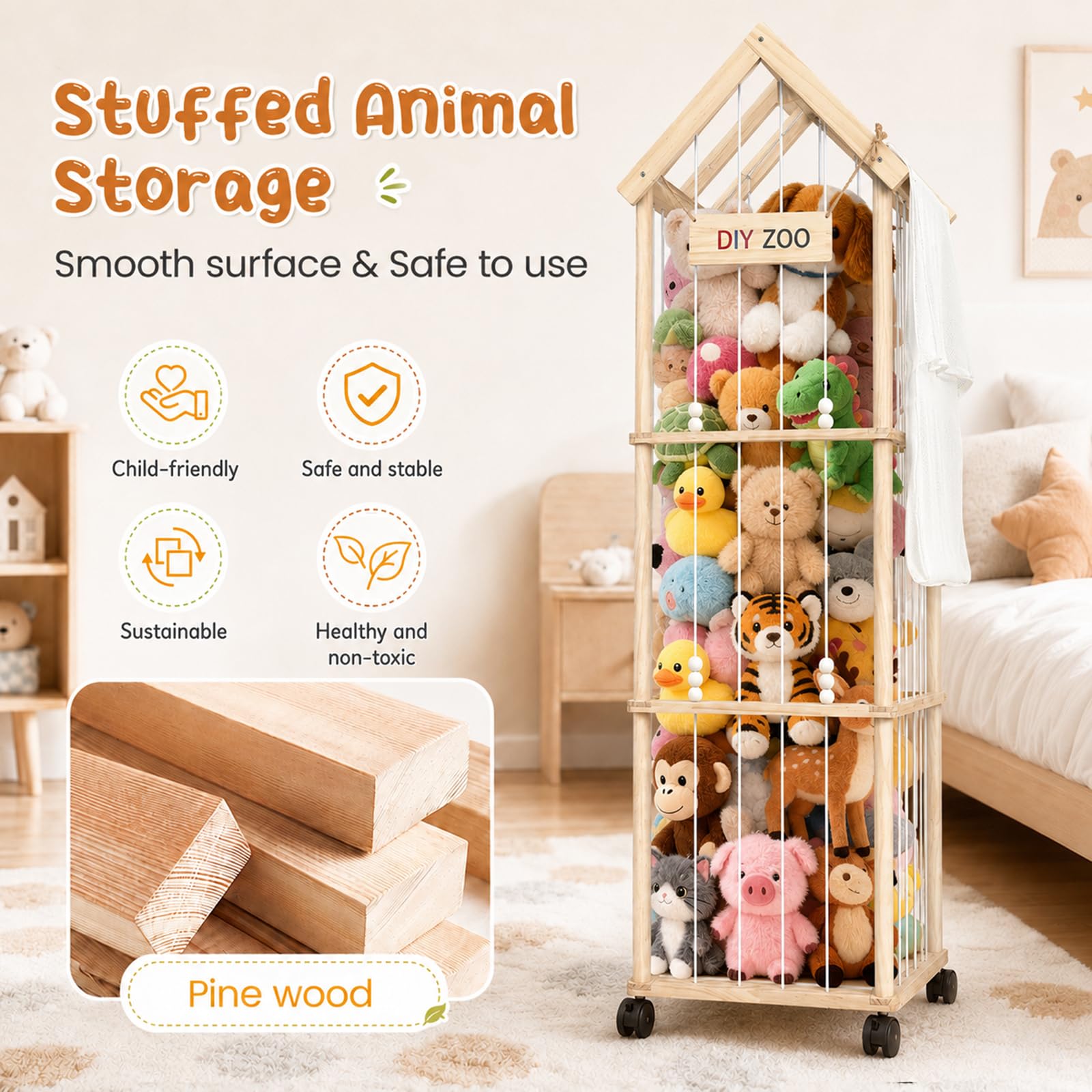 Kuscheltier Aufbewahrung, Stofftier Aufbewahrung 146 * 42 * 32cm Plüschtier Lagerung für Kinderzimmer, Spielzimmer, Schlafzimmer, Kinderzimmer Mit Aufbewahrungsbeutel(mit Dach)