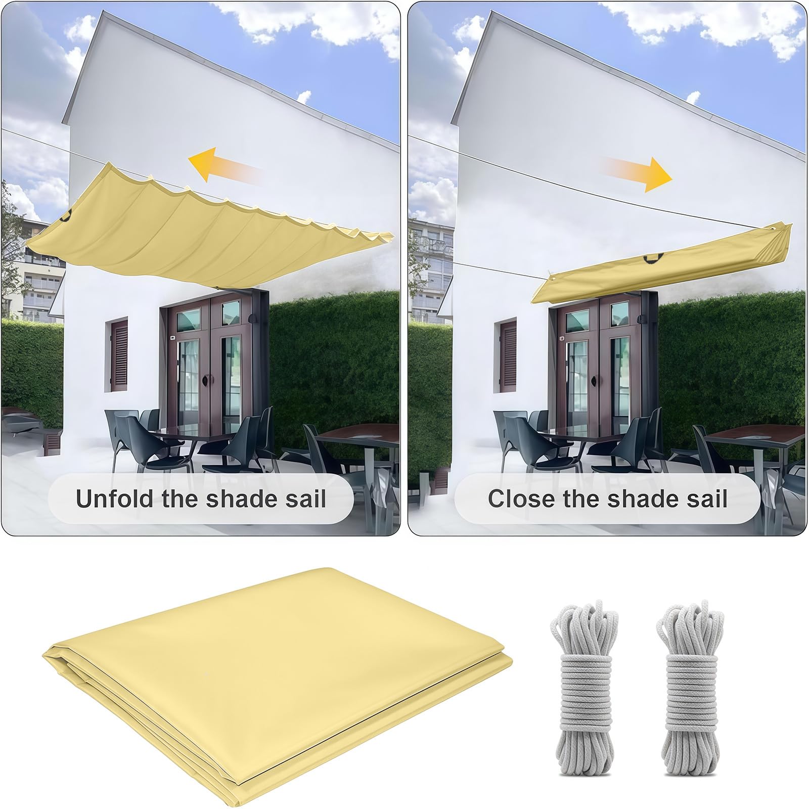 Wellenmarkise 1 x 6 m Nach Maß, Sonnenschutz, Wasserdicht, 98% Uv-Schutz & Reißfest, Verstellbares Sonnensegel mit Zugseil & Ösen für Garten Terrasse, Creme Farben