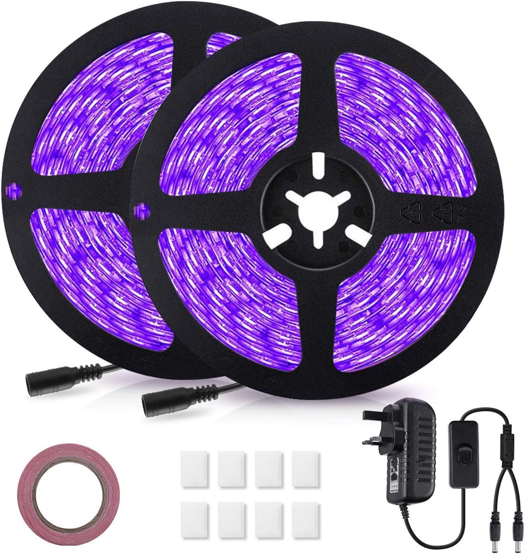 GLIME LED UV Strip Lights, LED UV Blacklight Strip 12V 10M/32.8ft 600 LED Self Adhesive Non-waterproof Rope Lights for DJ Party Club Body Paint [Energy Class A+]