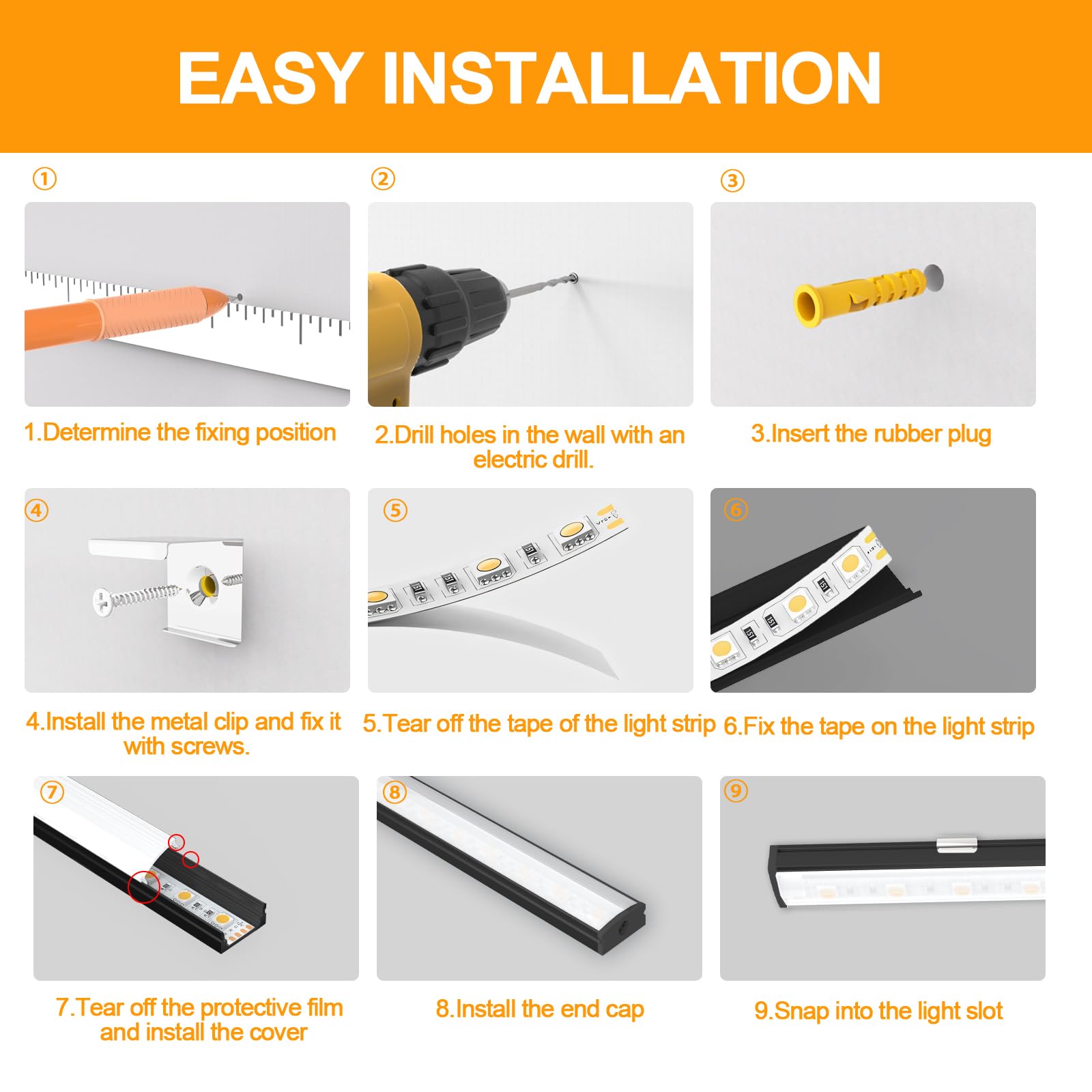 Angdarun Perfil de aluminio LED negro, perfil de tira LED 6 paquetes x 1 m en forma de V, riel de tira LED, difusor LED con puntas (blanco + negro U form 6 Stück)