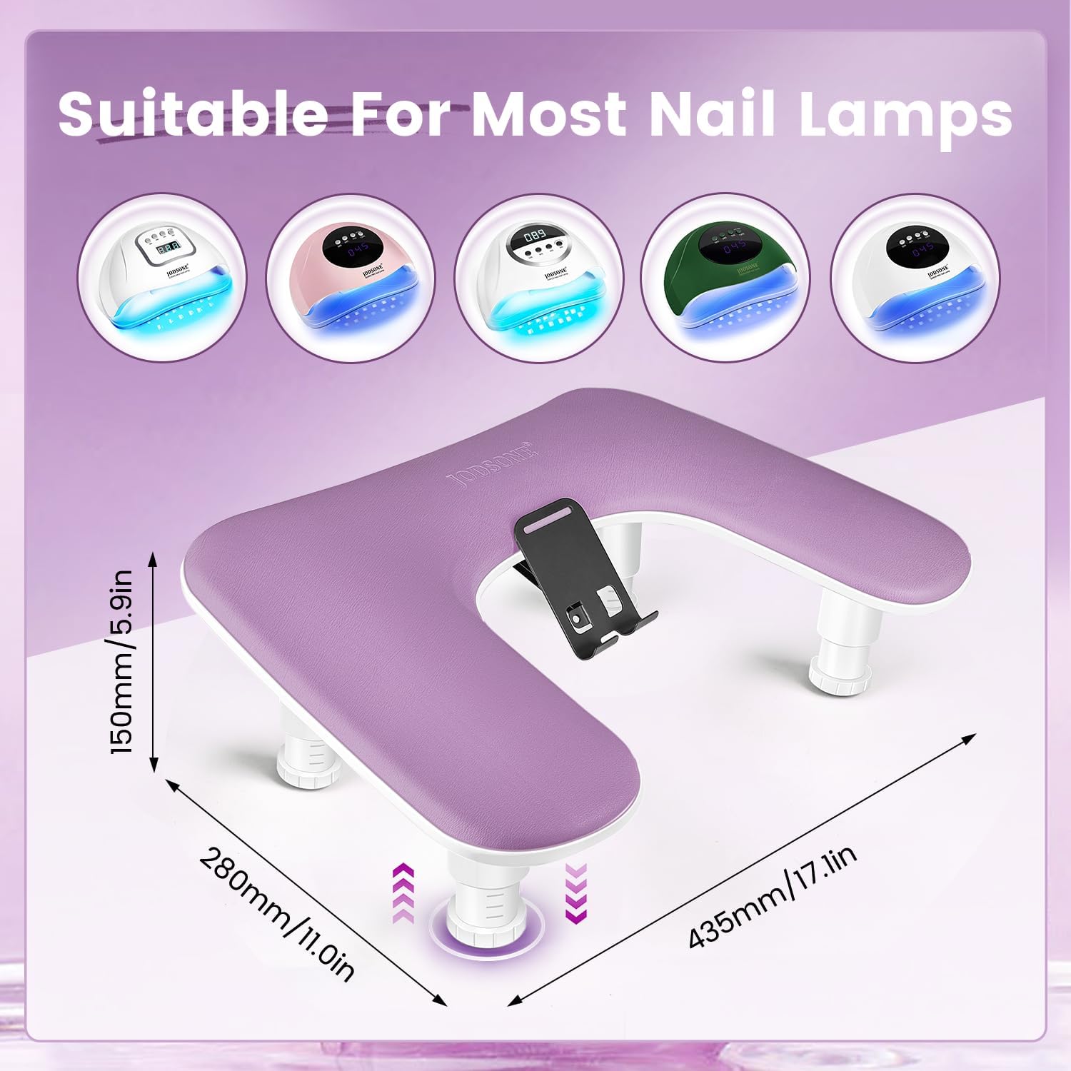 JODSONE Lila U-förmige Maniküre-Armstütze für Nageltechniker mit drehbarer Handyhalterung und verstellbarer Nagelarmstütze Abnehmbare Maniküre-Handstütze für Salon-Design