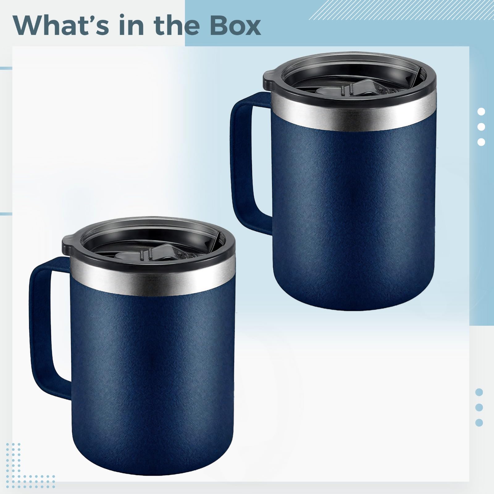Edelstahl-Kaffeetasse mit Griff, 340 ml, vakuumisoliert, auslaufsicherer Deckel für Büro, Reisen und Camping, tiefblaues, mattes Finish, Thermobecher für heiße und kalte Getränke, 2 Stück