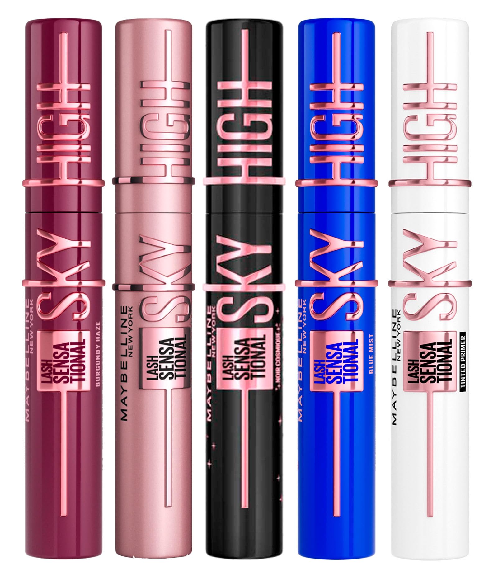 Maybelline New York Mascara Sky High Lash Sensational Volumizzante e Allungante Colorazioni Burgundy Haze + Nero + Cosmic Black + Blue Mist + Primer Nero per Ciglia Morbide - Set da 5