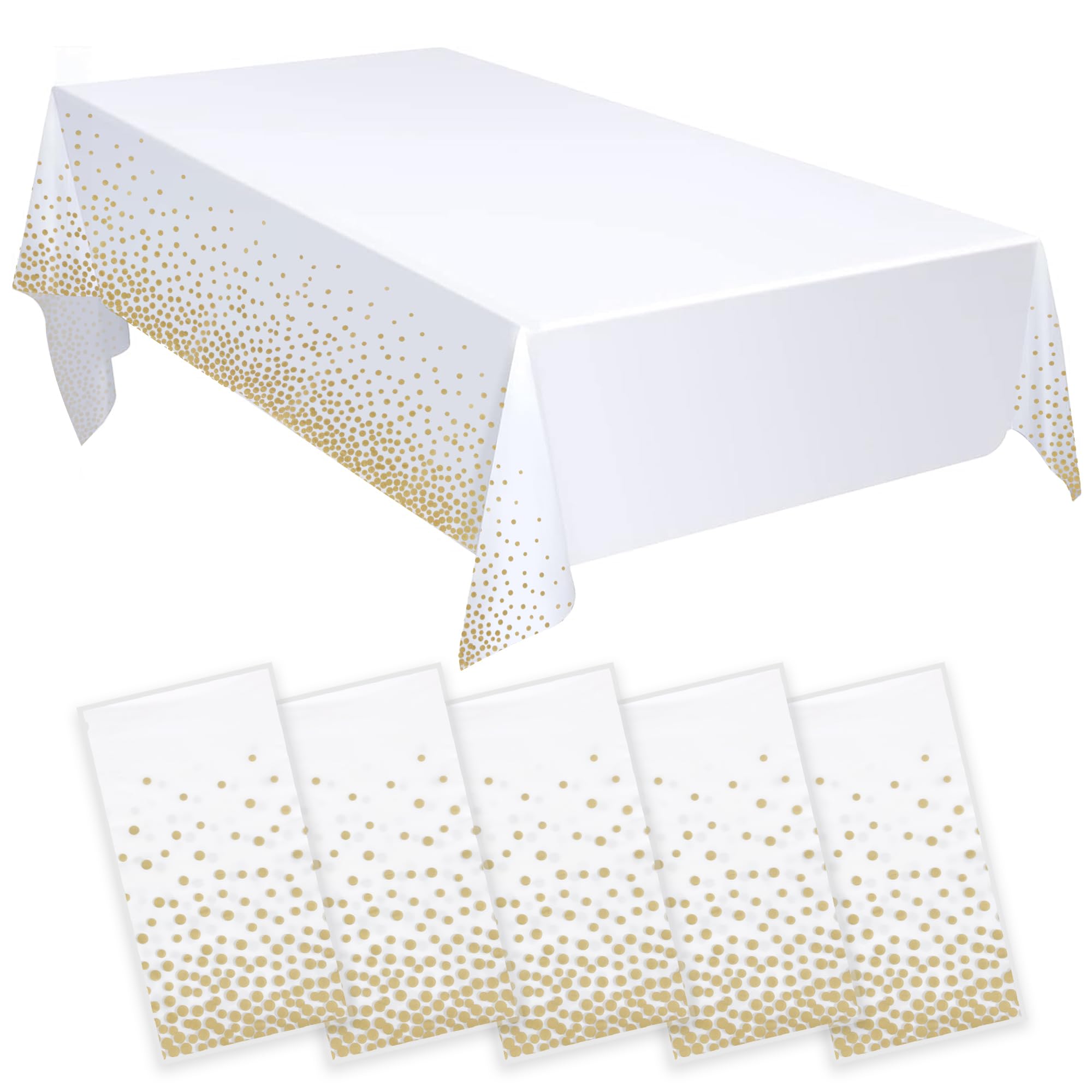 Vrbeatter White/Gold 5 Pack And Tablecloths, 54"X108" Plastic Table Cloth Disposable For Rectangle Tables, Tablecloths For Parties, Party, Wedding, Baptism Decorations, Engagement Party Decorations