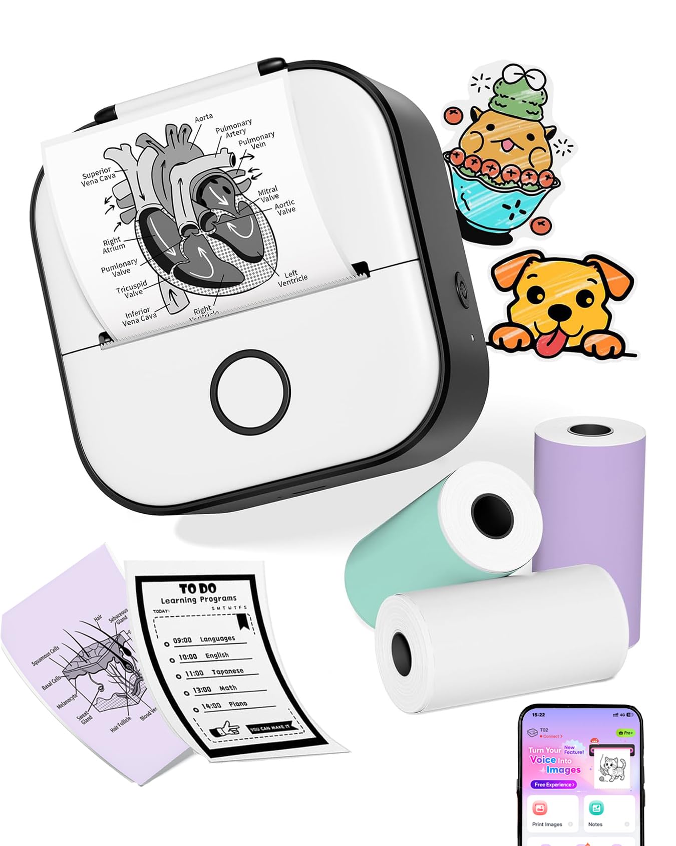 Ponek Mini imprimante d'autocollants – Nouvelle génération T02 Imprimer Pods avec 3 rouleaux de papier | AI Smart App Machine à autocollants thermiques portables pour journaux, photos, notes d'étude