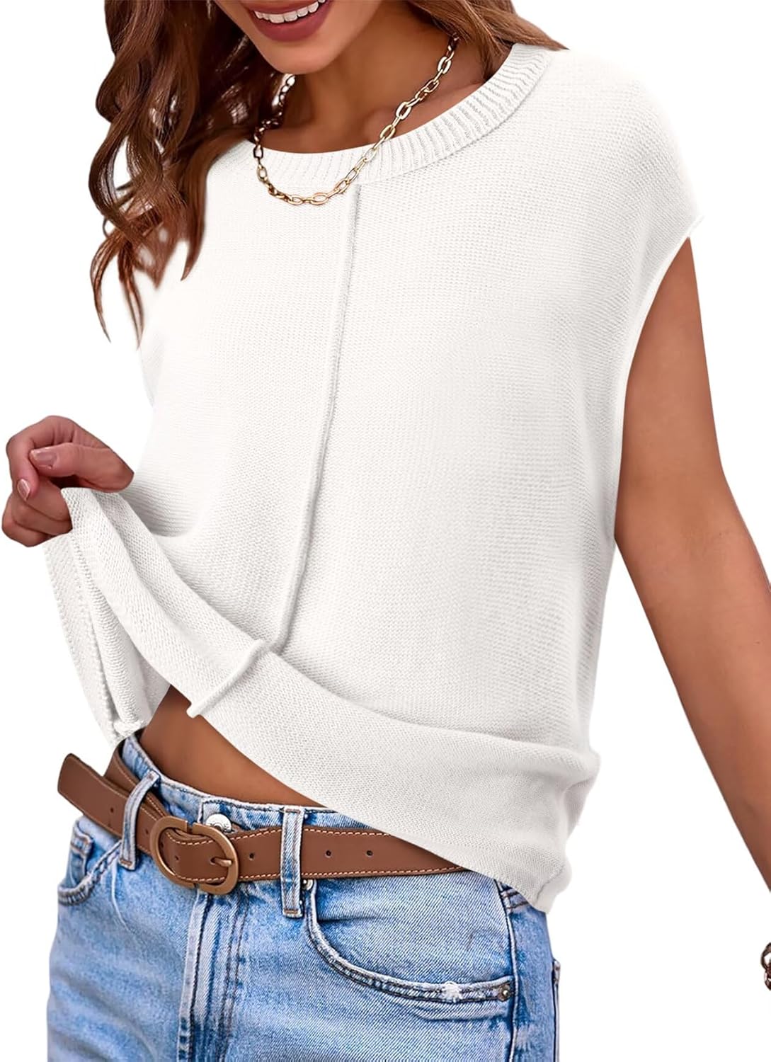 Magritta Summer Sweaters for Women Lightweight Cap Sleeve Tops Dressy Loose Fit Shirts Crew Neck Crochet Outfits - Image 3