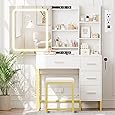 Vanity Desk with Mirror and Lights, Makeup Vanity Desk with Sliding LED Lighted Mirror, Power Outlet, Makeup Vanity Set with 4 Drawers, Storage Shelves, Cushioned Stool for Bedroom (Marble White)