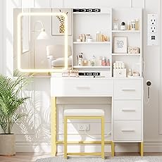 Vanity Desk with Mirror and Lights, Makeup Vanity Desk with Sliding LED Lighted Mirror, Power Outlet, Makeup Vanity Set with 4 Drawers, Storage Shelves, Cushioned Stool for Bedroom (Marble White)