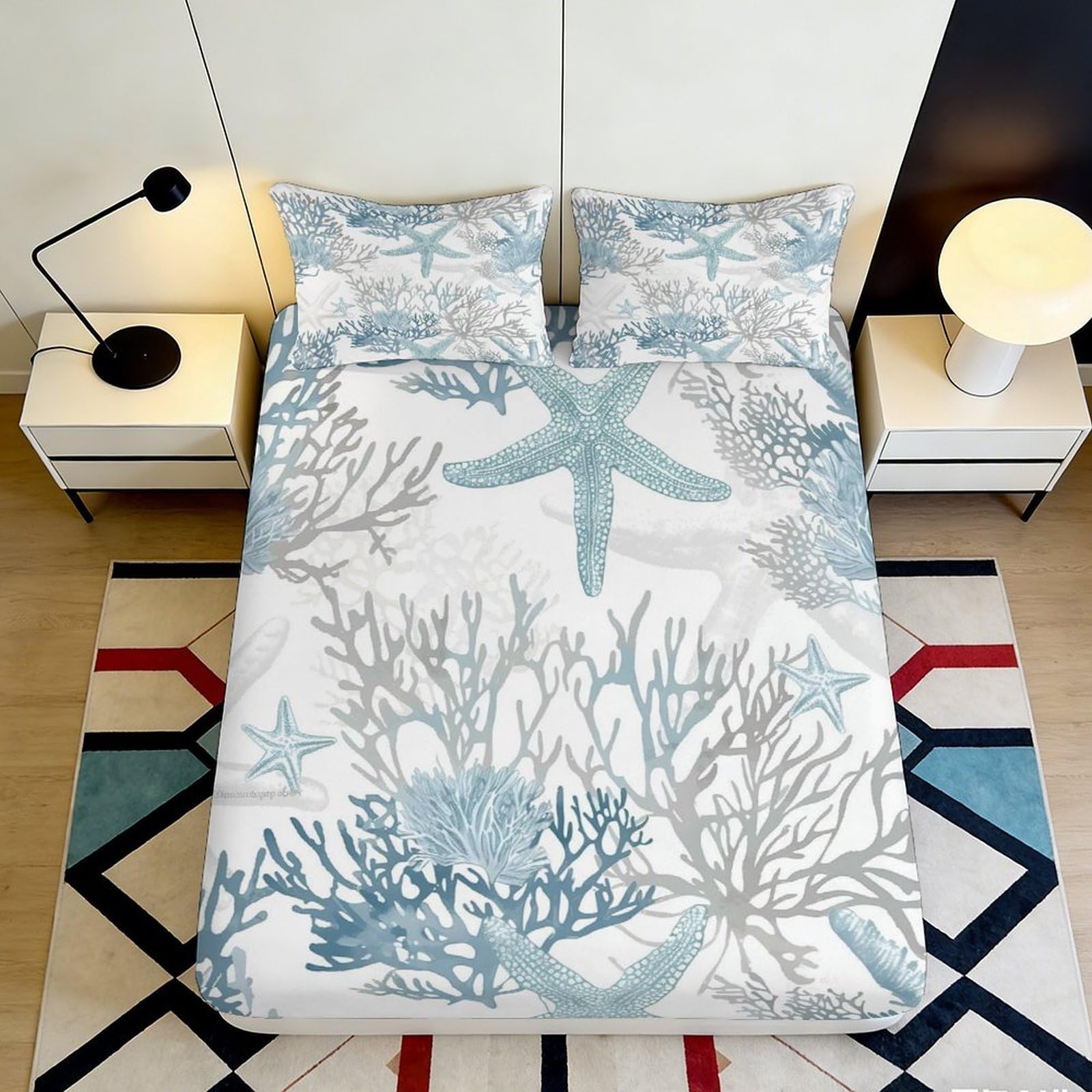3D Printed Starfish Coral Fitted Sheet Microfiber Bed Cover Anti-Slip Machine Washable for Bedroom Dorm Mattress Decor 90x200x25cm
