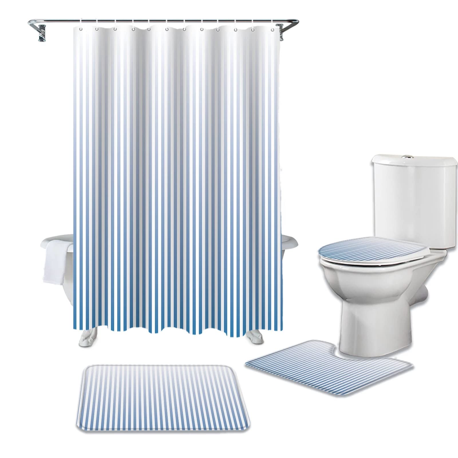 MOBYGKFY Gradient Pinstripe Bathroom Shower Curtain Bath Rug Carpets Set Toilet Lid Cover Floor Mats Accessories