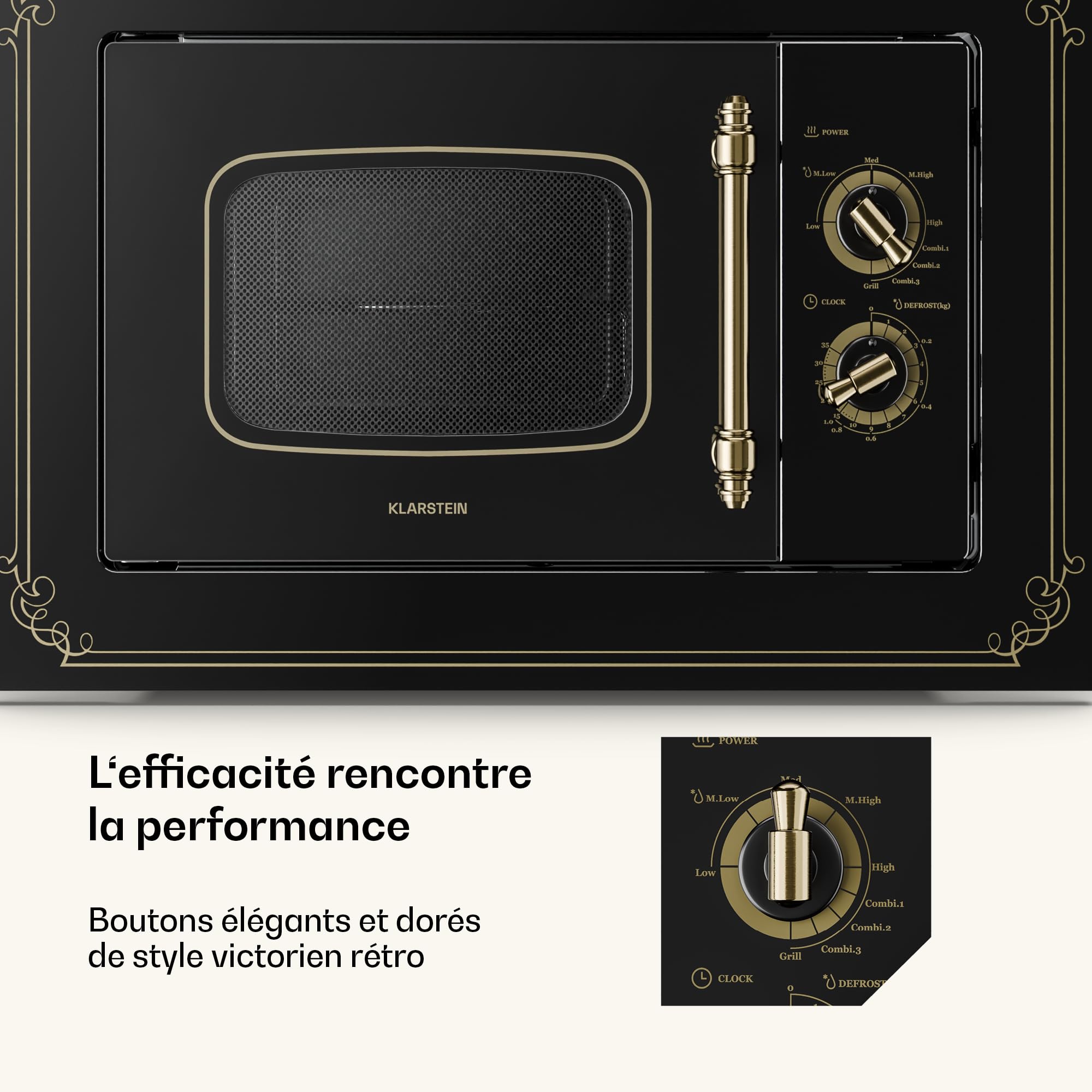 Klarstein Victoria 20 - Micro-ondes Encastrable Design Rétro, 20L, 800W/1000W Gril, 3 Fonctions, Acier Inoxydable, Cadre de Montage, Noir