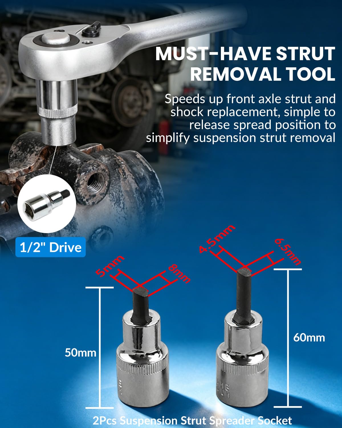 DPTOOL Enchufe de tuerca de puntal de 16 mm, 18 mm, 19 mm, 21 mm, 22 mm, 24 mm con 12 puntos, 1/2 ", enchufe esparcidor de puntal de suspensión, herramienta de amortiguador de 8 piezas