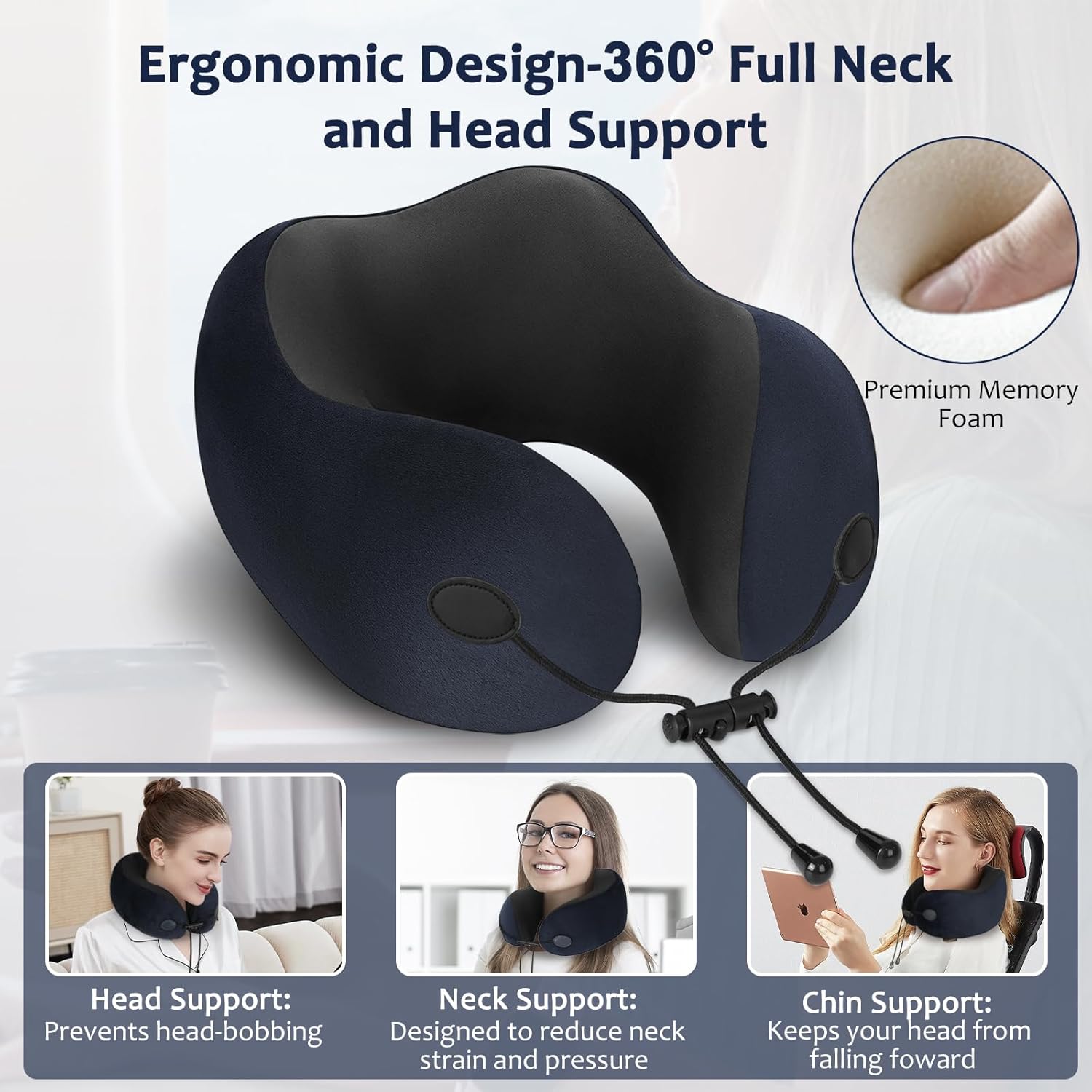 Travel Pillow, Memory Foam Neck Pillow for Airplane, Ergonomic Neck Support with Washable & Breathable Cover, Includes Eye Mask, Earplugs & Compact Bag for Long Flights, Cars, Home & Office