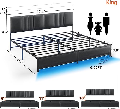 Miniatura 3 de Base de cama tamaño King con cabecera ajustable de 3 alturas, cama de plataforma tapizada de cuero con luz LED y estación de carga, soporte de marco