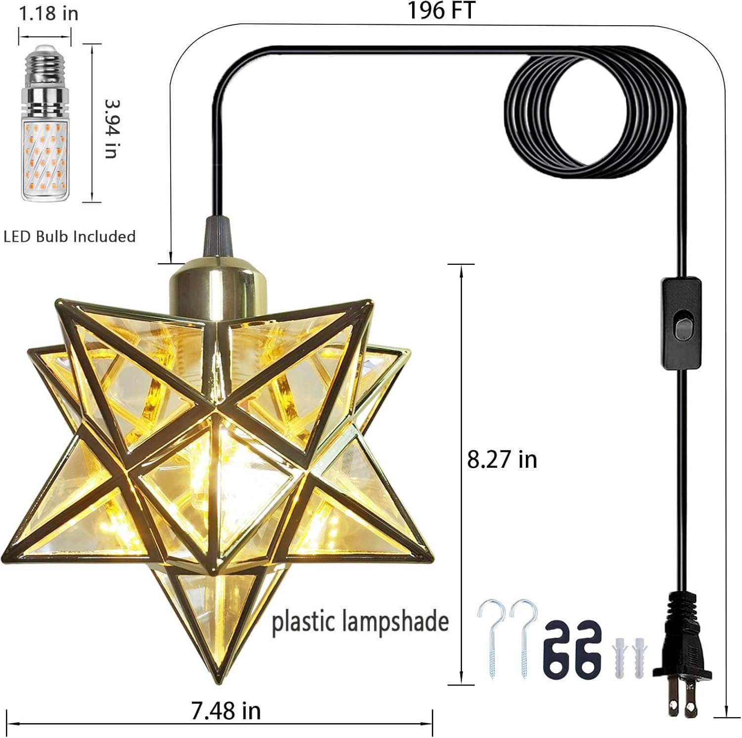 AECBUY Gold Ceiling Pendant Hanging Lamp, Metal and Clear PVC Star Pendant Light, Vintage Hanging Lamp Plug in Cord and Switch for Dining Room Living Room Bedroom