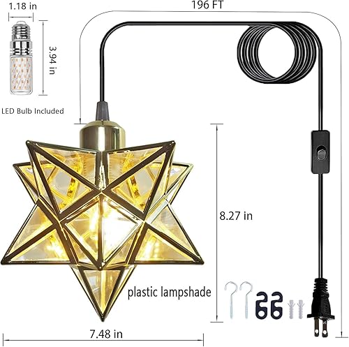 Miniatura 3 de AECBUY Lámpara colgante de techo dorada, lámpara colgante de estrella de PVC transparente y metal, lámpara colgante vintage, cable e interruptor