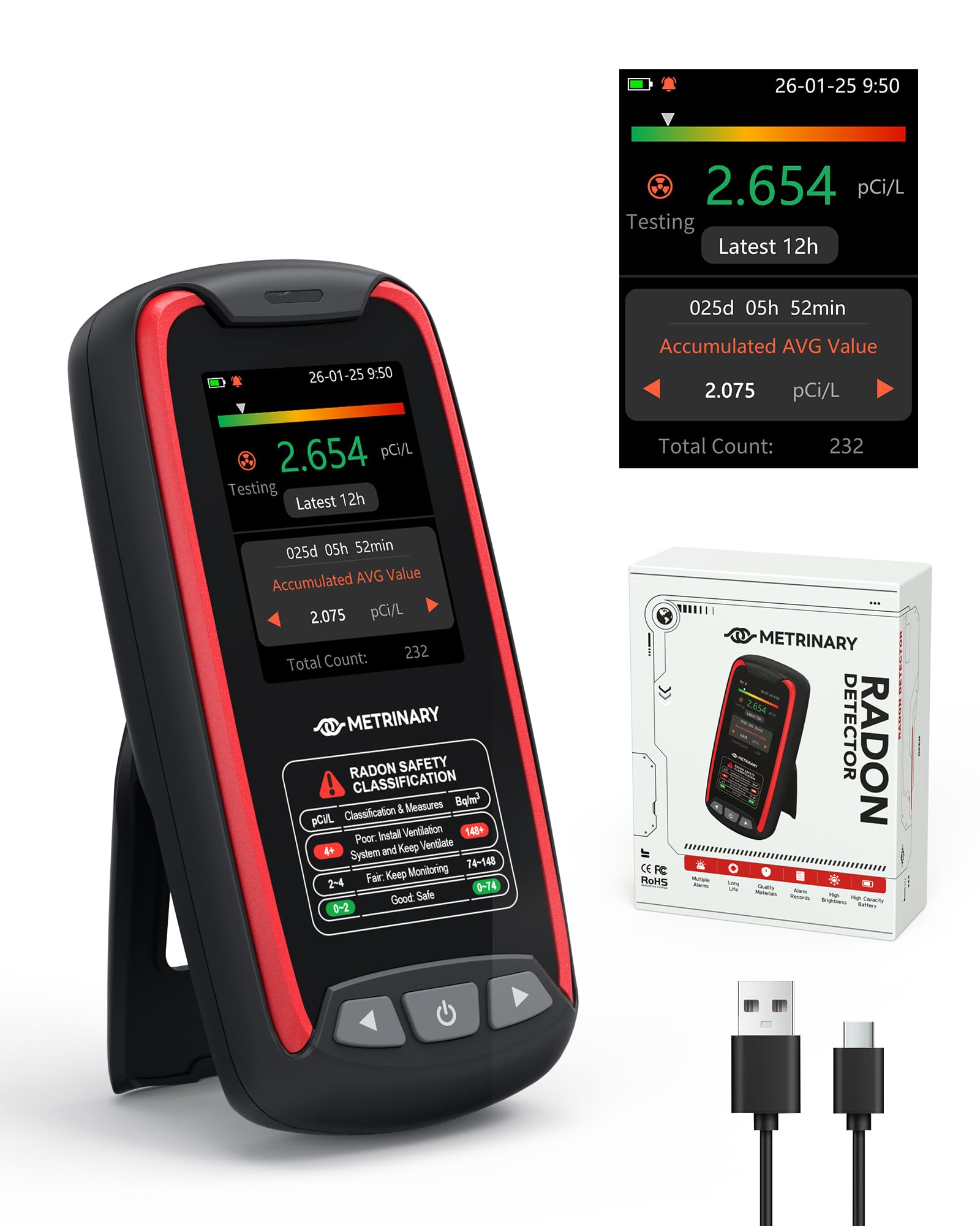 Radon Detector for Home, Rechargeable Radon Monitor with TFT Color Display, Portable Radon Tester with 12H Initial Result, 504 Days Data Memory, Visual & Audible Alert (pCi/L or Bq/m³)-picture-24