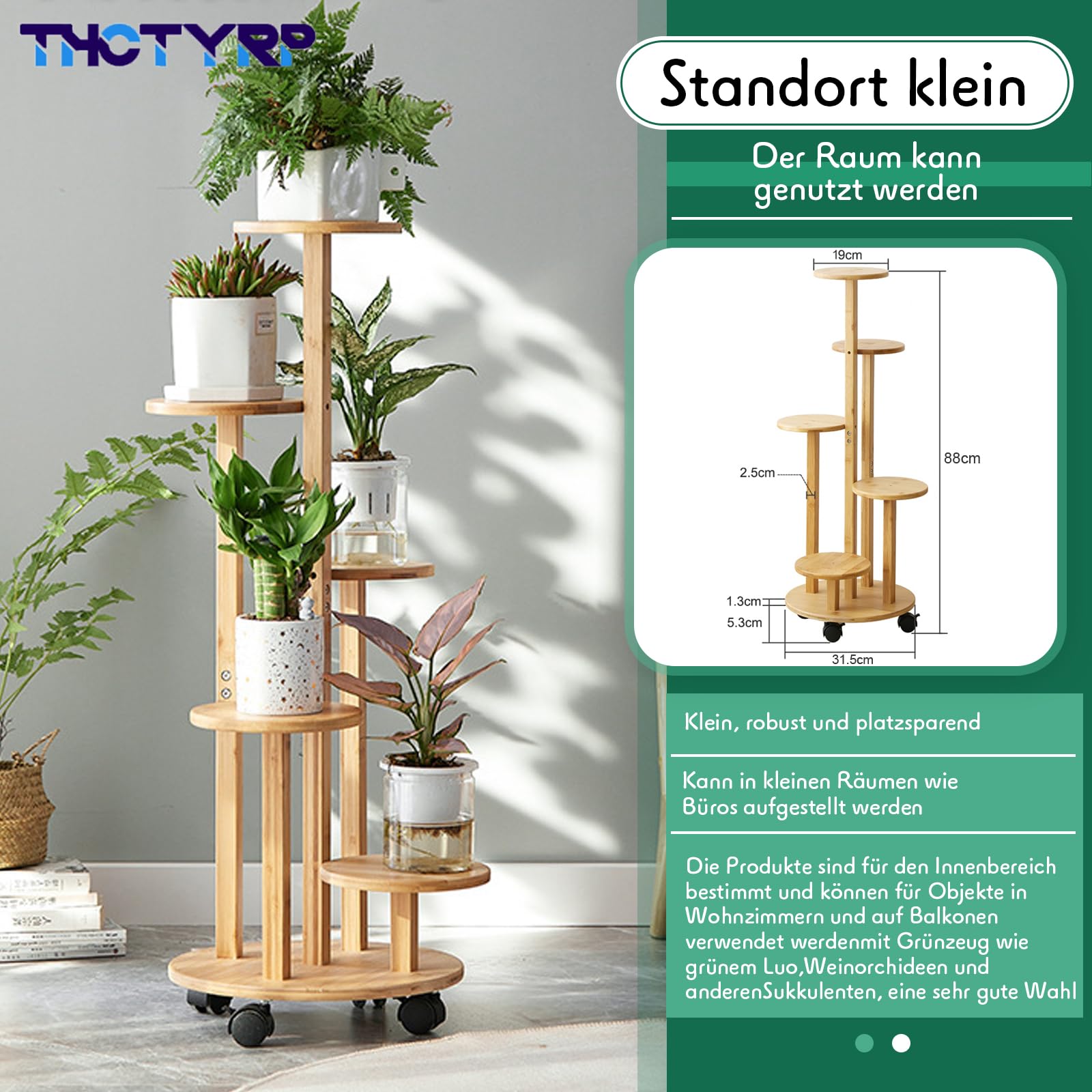 Bambus Blumenständer mit Rollen, Hoch & Niedrig | Pflanzenständer für Wohnzimmer & Balkon, Innenblumenständer mit Rädern, Mehrstöckig