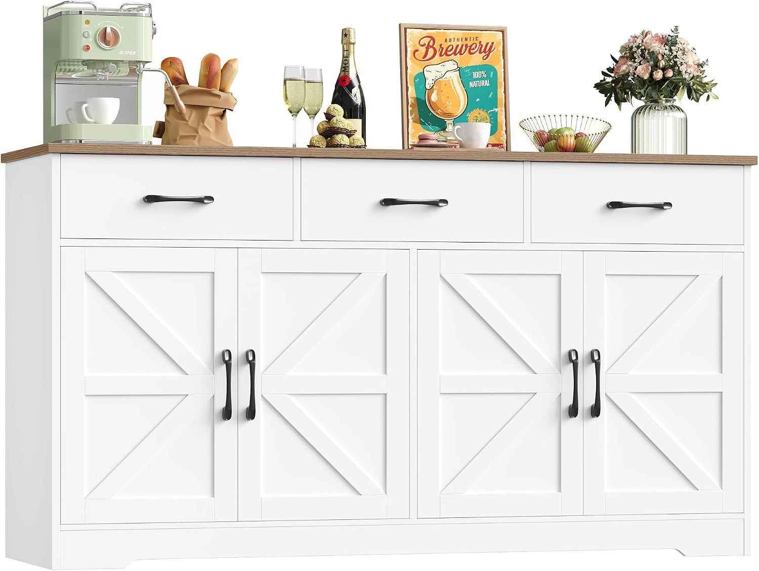 HOCSOK Sideboard, 150cm Kitchen Cabinet with 3 Drawers and 4 Doors, Large Sideboard with Storage, Adjustable Shelves, Storage Cabinet for Living Room, Dining Room, White 150W x 81.5H x 38.5D
