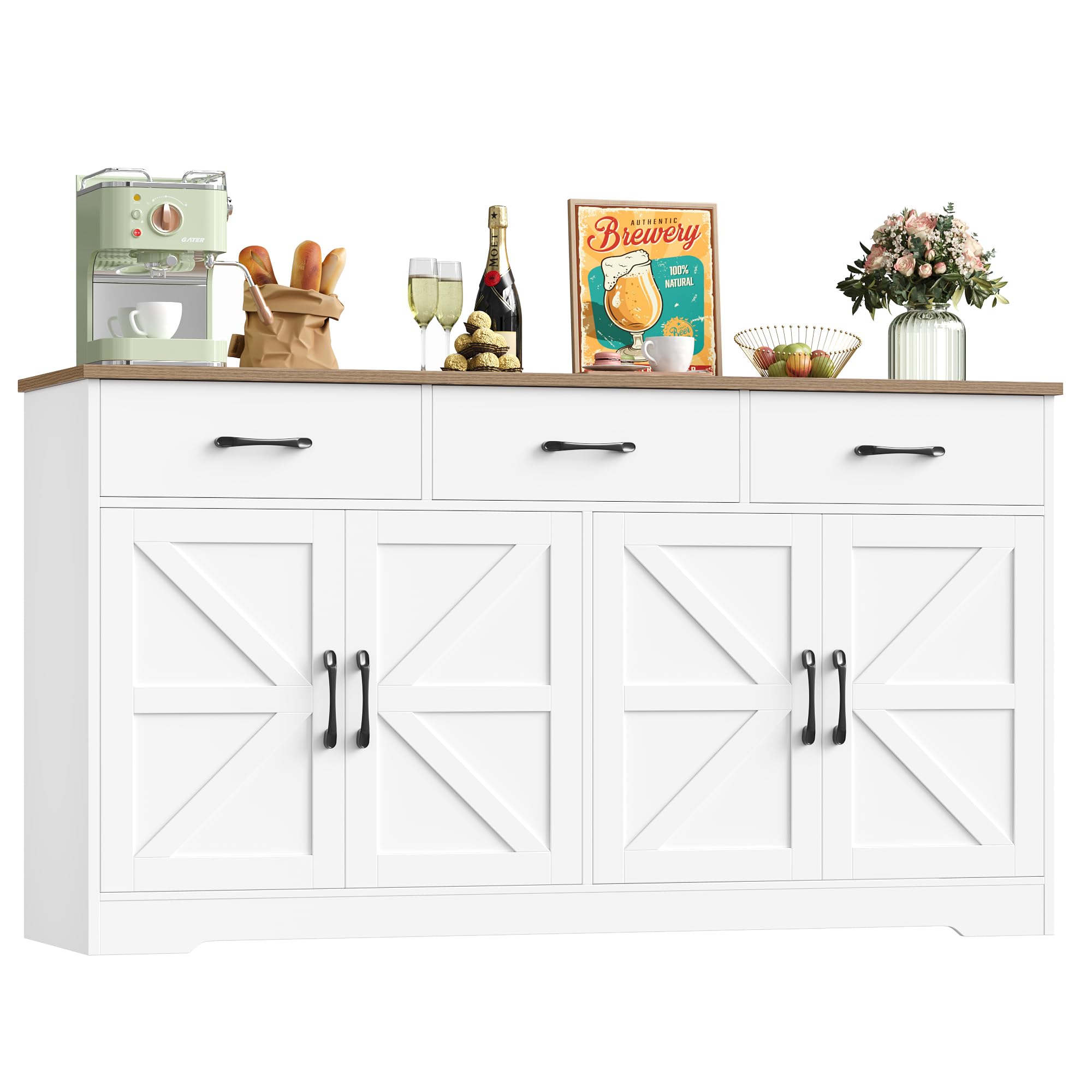 HOCSOK Buffet Cuisine, 150 cm Buffet Salle a Manger avec 3 Tiroirs 4 Portes, Meuble Cuisine Rangement avec Étagère Réglables, Meuble de pour Salon, Cuisine, Couloir, Blanc