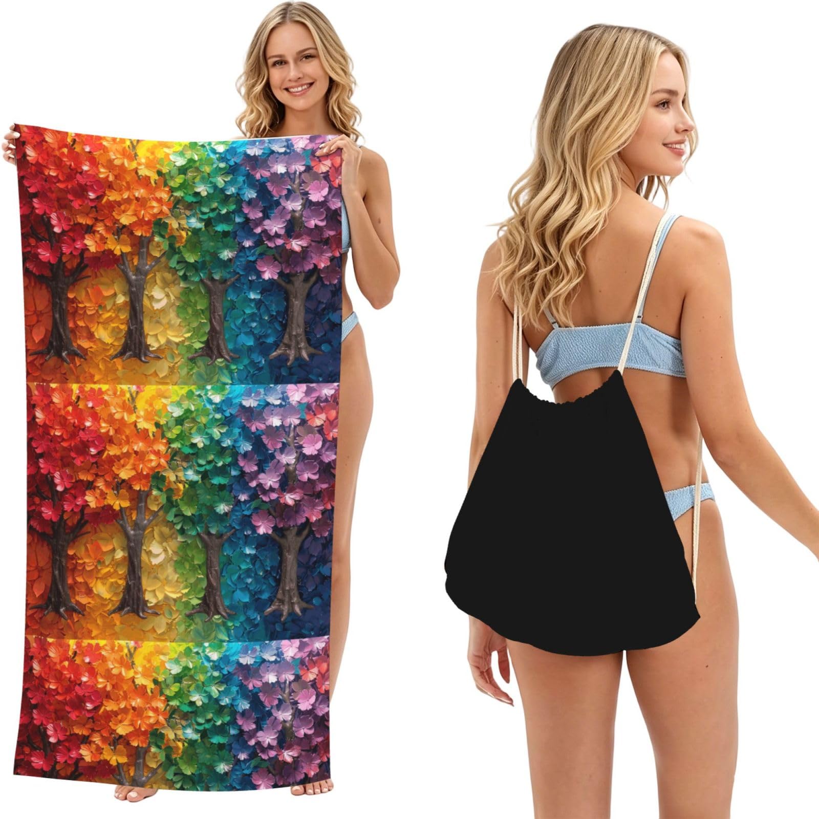 SKGOHLH Rainbow Tree 2in1 Packable Beach Towel Bag Women