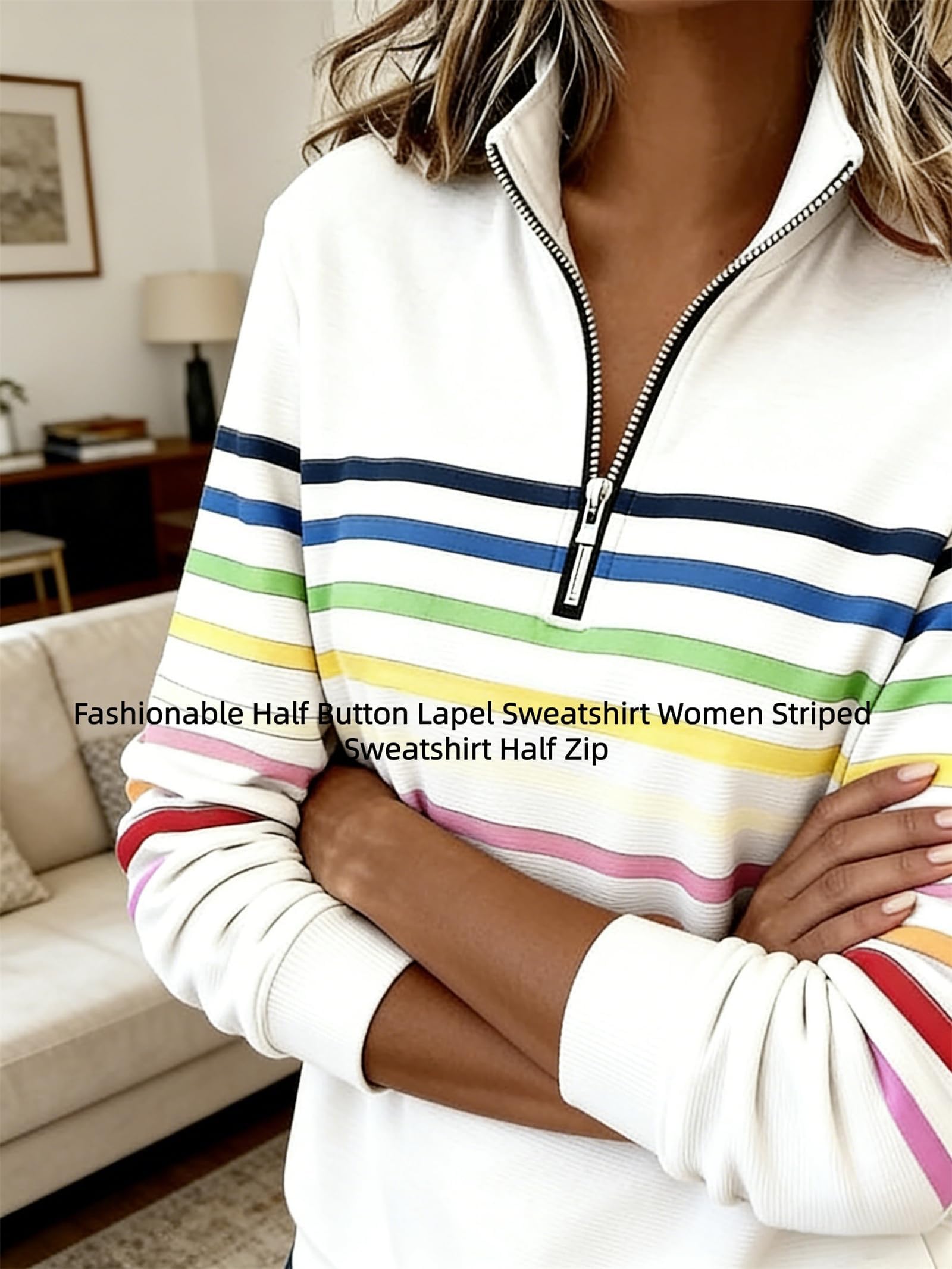 2026 Pull à rayures arc-en-ciel à la mode avec col demi-fermeture éclair pour femme