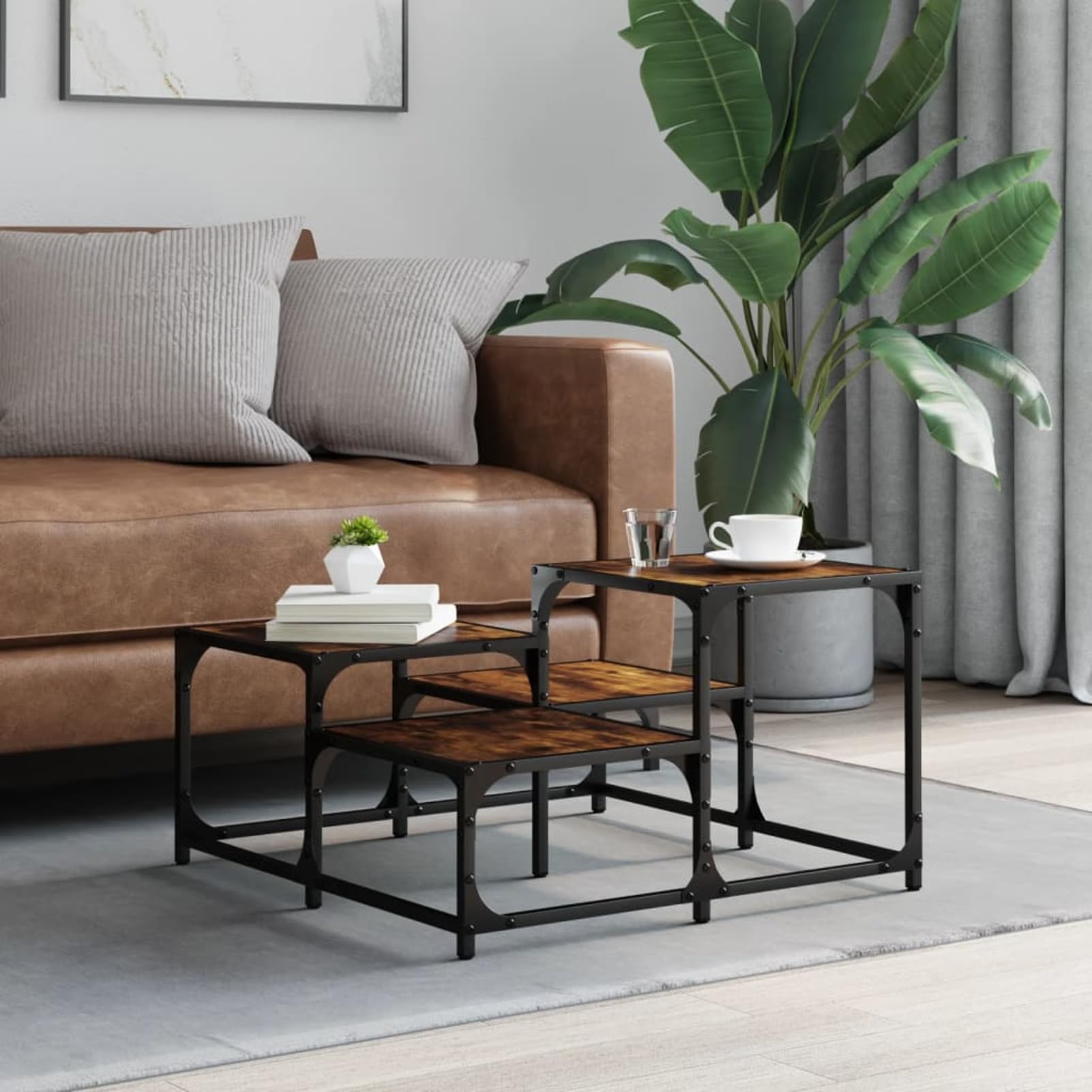 Mesa de centro de diseño industrial con marco de metal, roble ahumado, material de madera, 68 x 68 x 40 cm, patas ajustables, mesa de salón para bebidas, muebles decorativos, mesas y mesas de