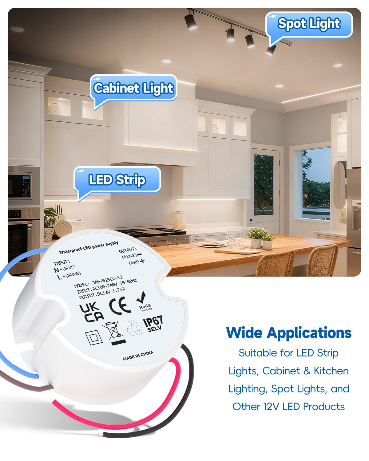 trasformatore led 12v 15W, trasformatore da 230V a 12V LED 1.25A, IP67 mini trasformatore rotondo LED driver per sotto-armadio luce 2 pezzi