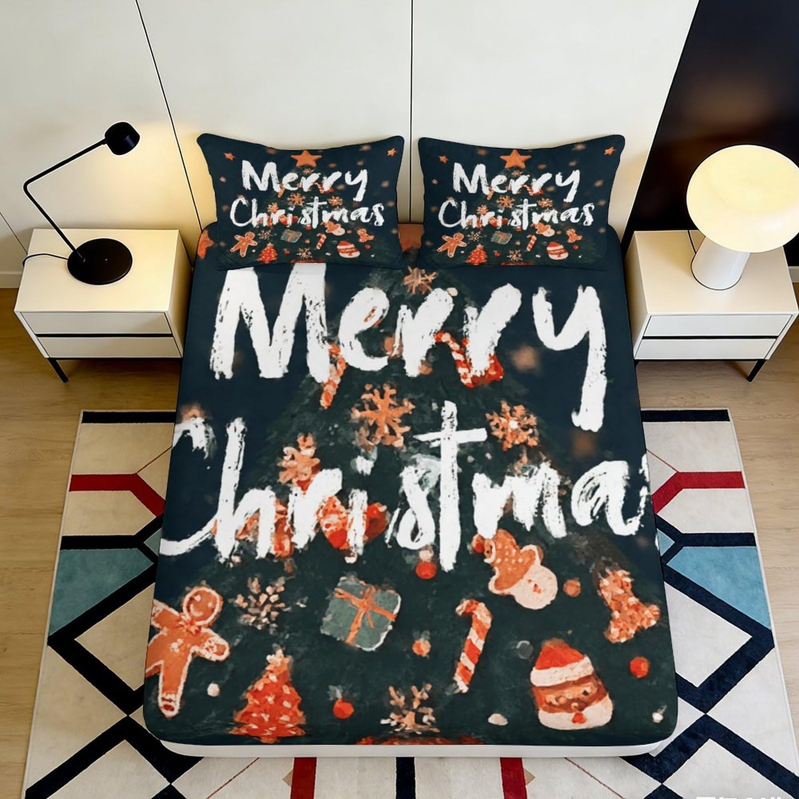 3D Printed Christmas Gingerbread Fitted Sheet Microfiber Festive Candy Cane Bed Cover for Bedroom Guest Room Decor 90x200x25cm