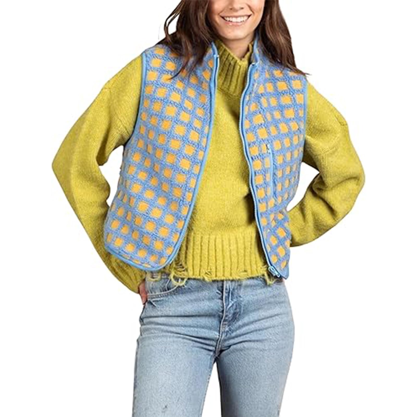 QingxingFa Red Checkered Vest, Women's Checkered Sherpa Vest Sleeveless Zip,Cardigan Warm Collared Outerwear Vests (blue,S)