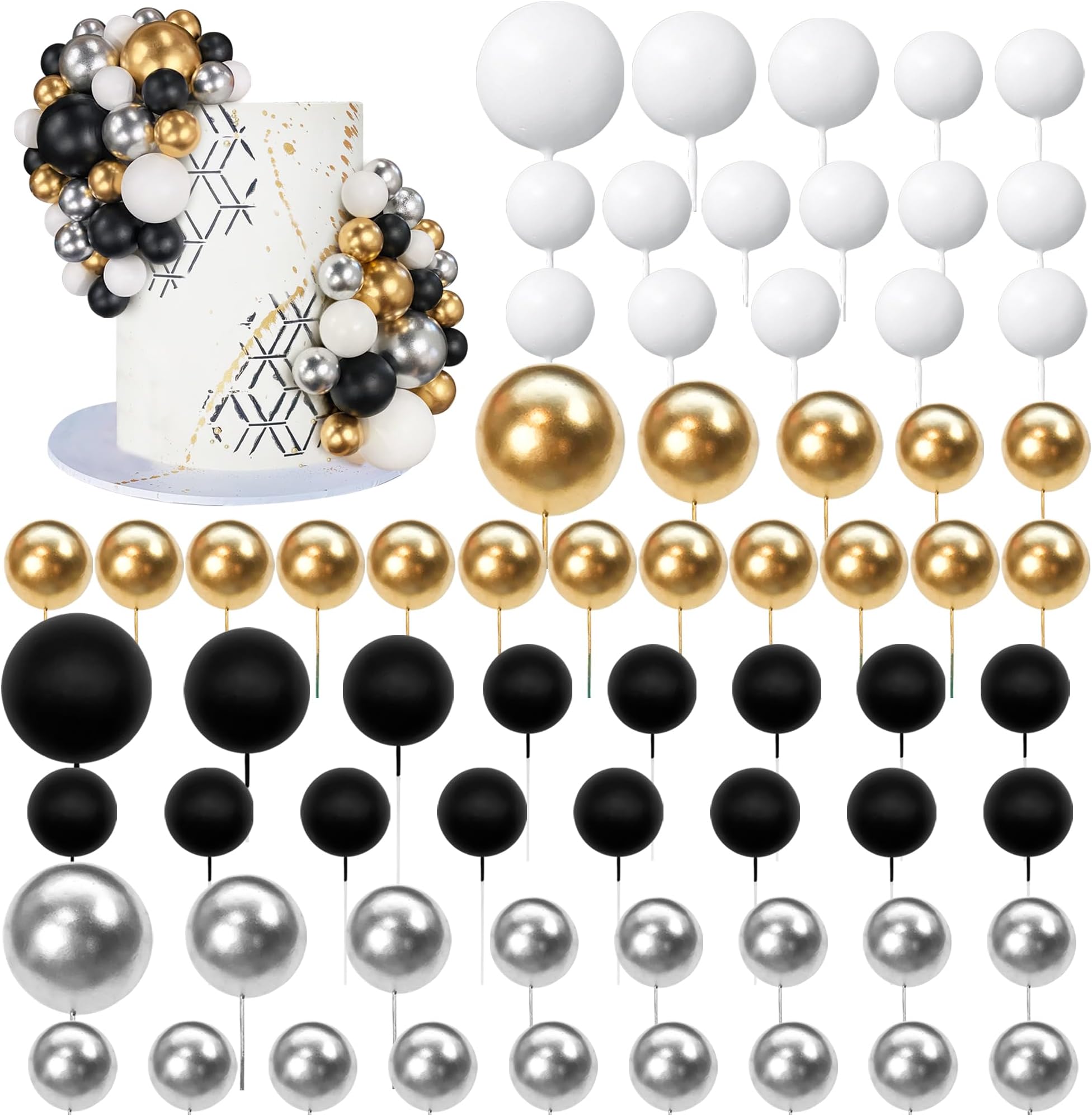 66 PCS Ball Cake Picks Black Silver White Gold 4 Sizes for DIY Baking Decoration Cupcake Toppers and Wedding Anniversary Birthday