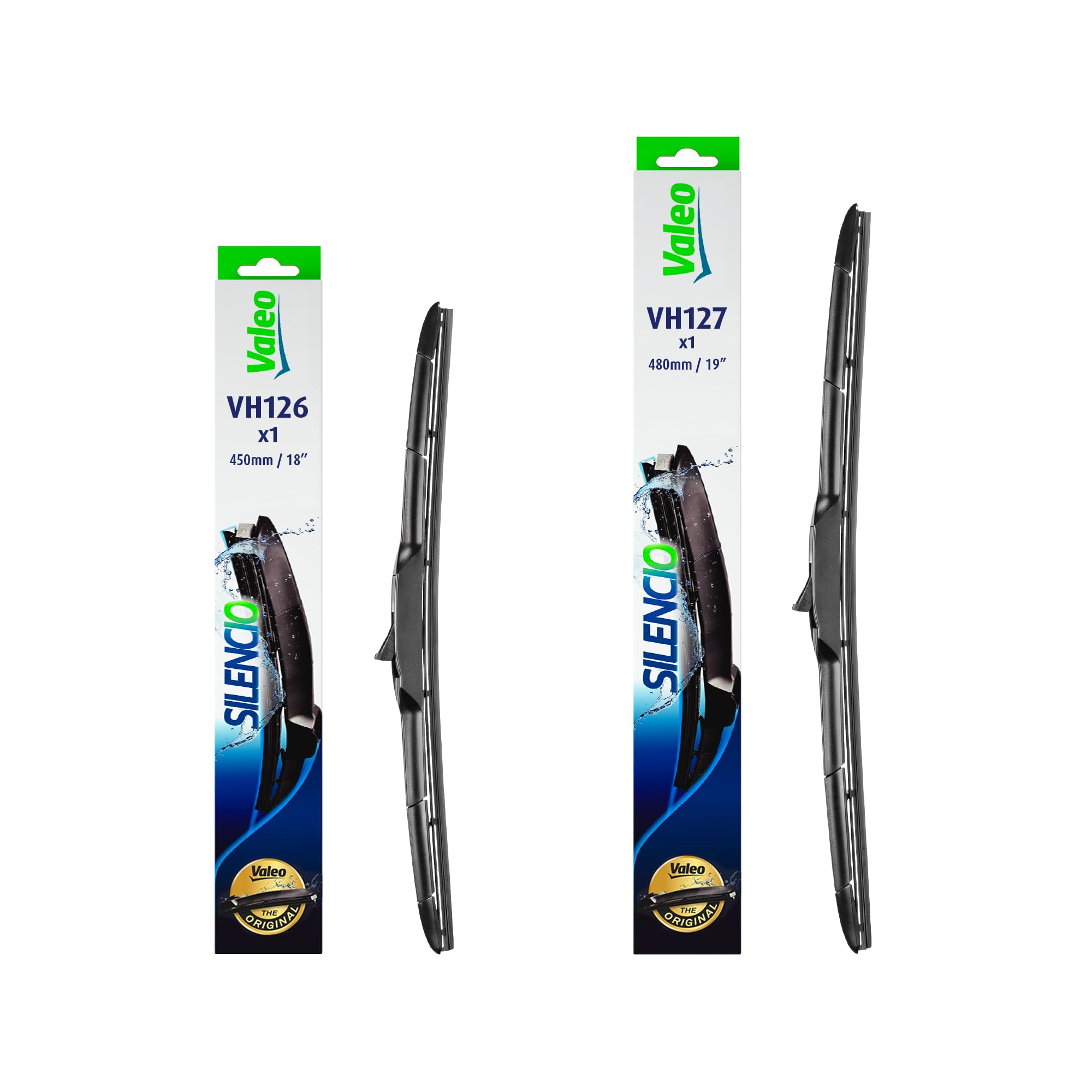VALEO Silencio - Coppia di Spazzole Tergicristallo Premium Ibride per la Sostituzione del Ricambio Originale per Tutte le Stagioni VH126 + VH127 - Anteriore, Lunghezze: 450mm + 480mm - 574726 + 574727