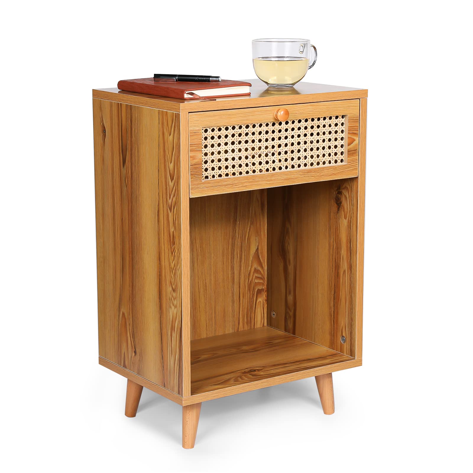 Rattan Nightstand Bedside Tables, Modern Wood Side Table Small End