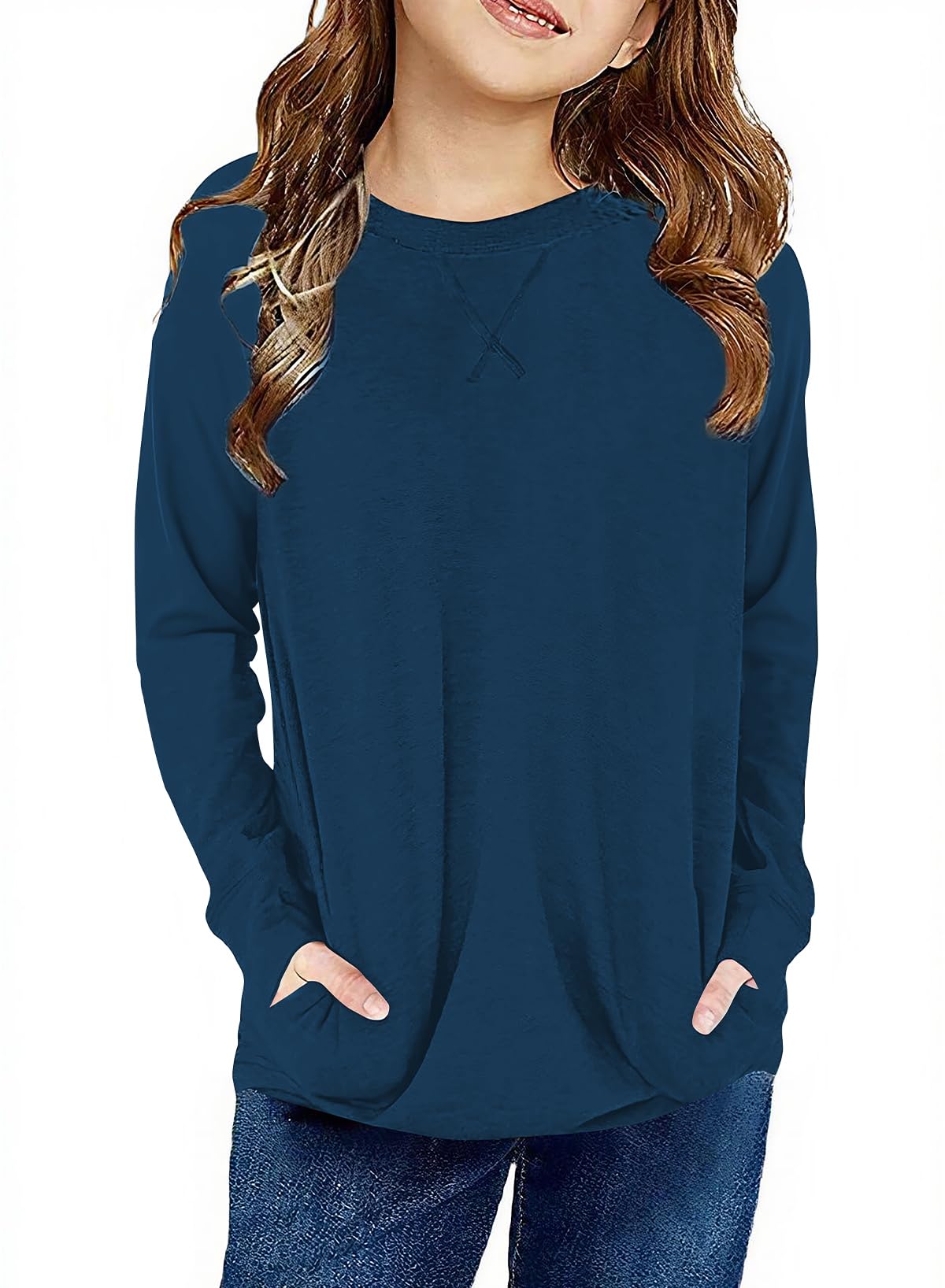 SELINK Girl's Casual Big Kids Long Sleeve Striped Color Block Tees Pockets