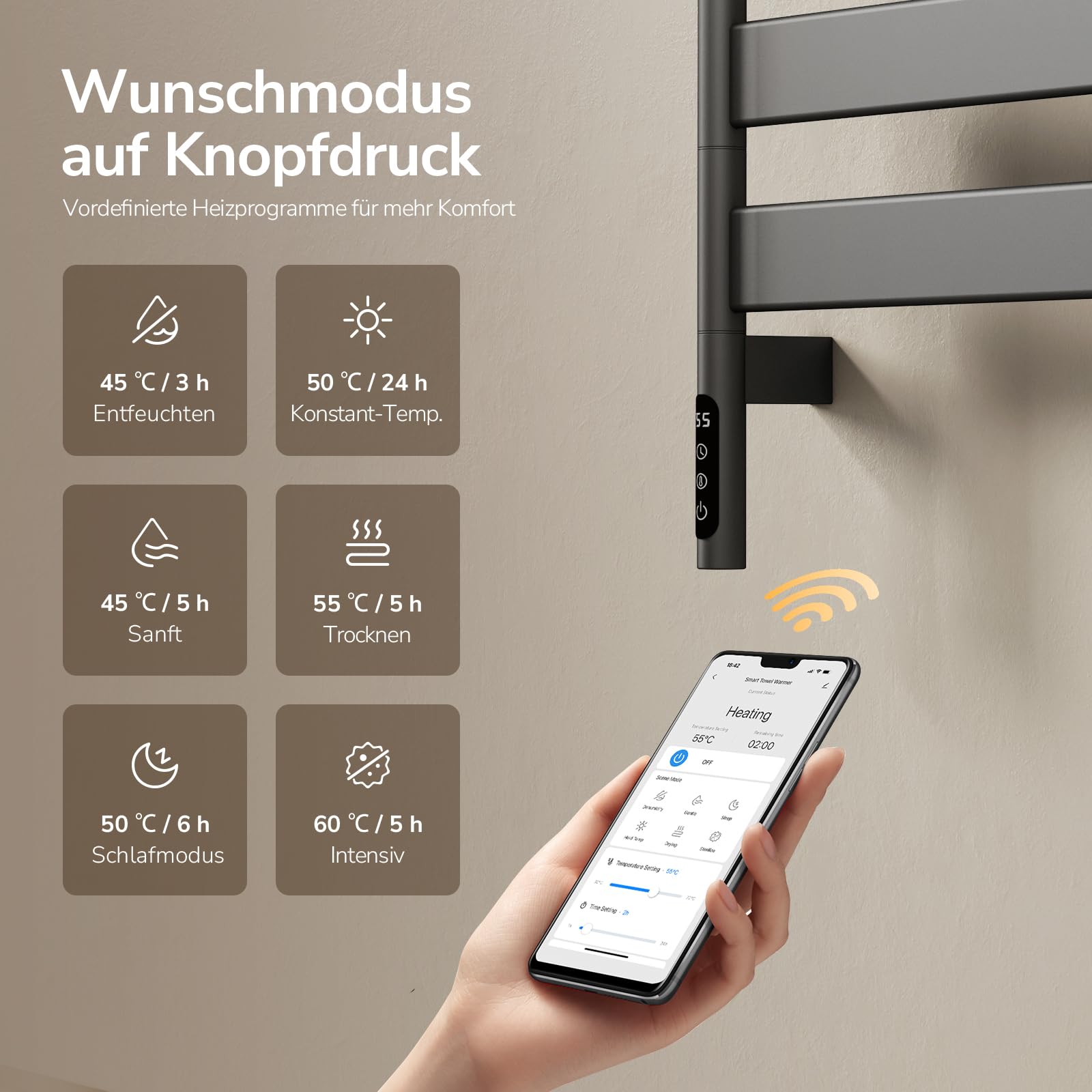 EMKE Elektrischer Badheizkörper 769x450 mm, 180° schwenkbarer Handtuchwärmer mit WiFi-App-Steuerung, Flacher Handtuchheizkörper mit Thermostat & Timer, 120 Watt, IP45, Grau