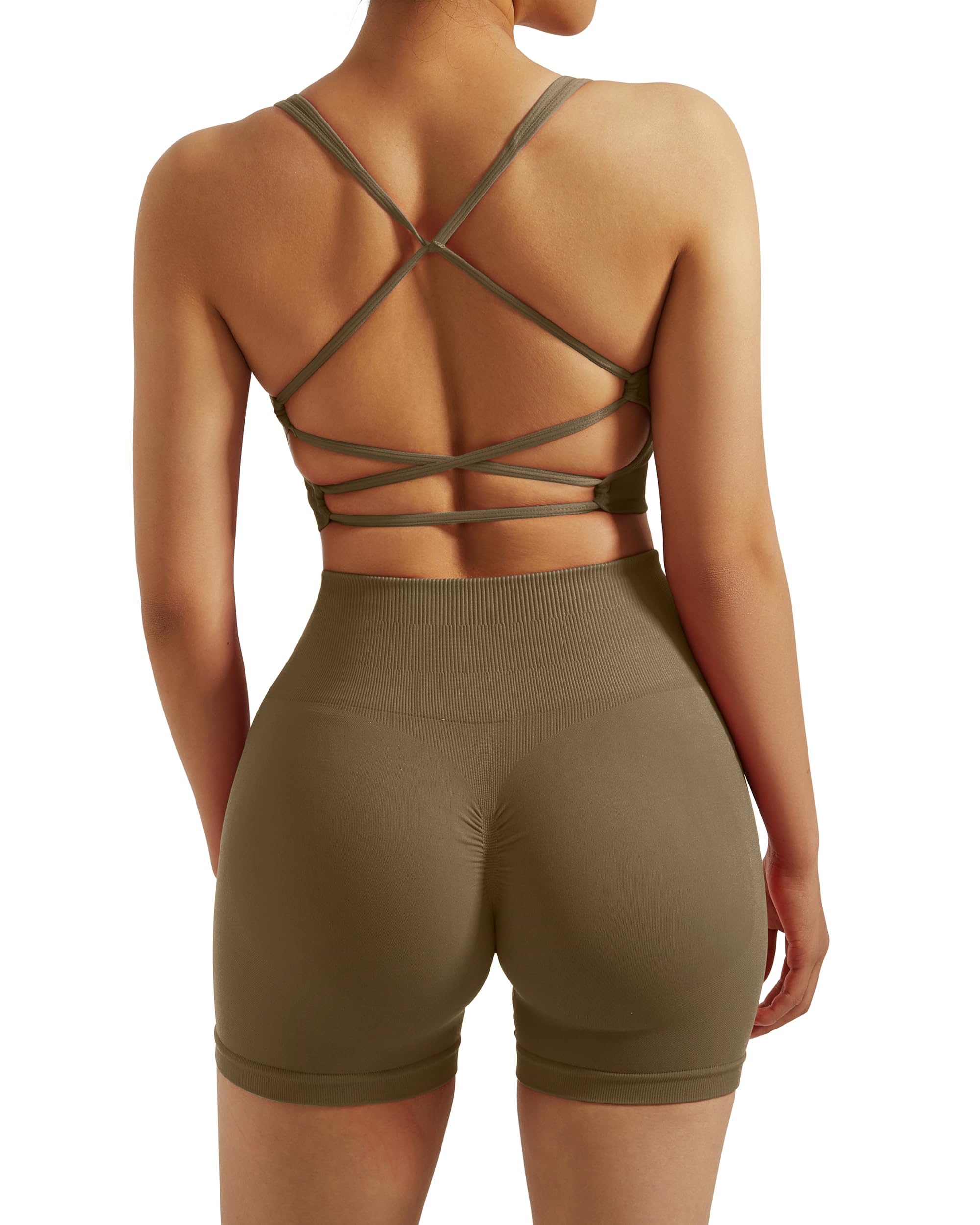 RXRXCOCO Seamless Workout Sets for Women 2 Piece Strappy Sports Bras Scrunch Butt Booty Shorts Matching Yoga Tracksuits