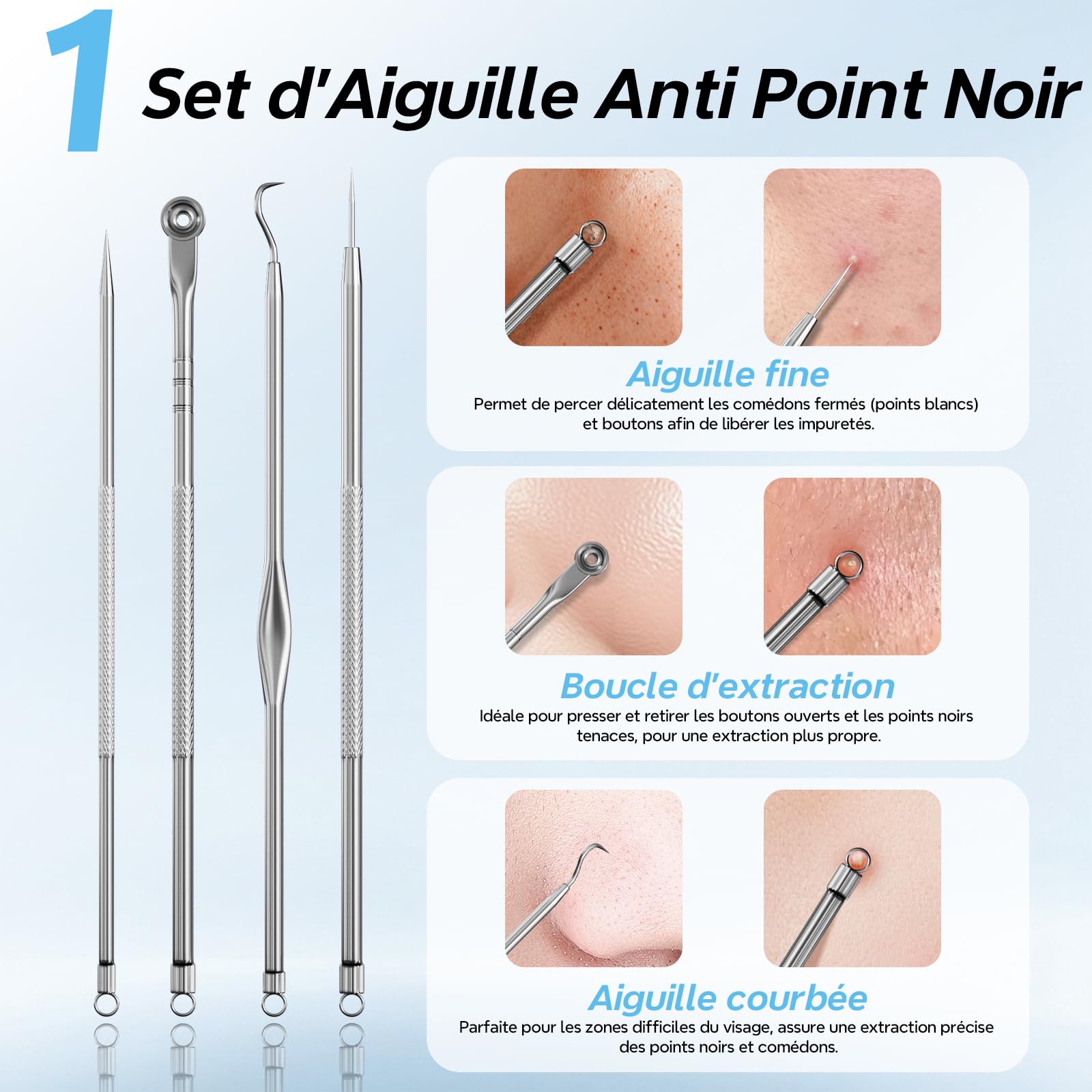 Aspirateur Point Noir 3 Modes Visage 5 Sondes, Blanc | Extracteur de Point Noir, Nettoyage du Visage, Inclut Ensemble Traditionnel d'Aiguilles,tire comedon