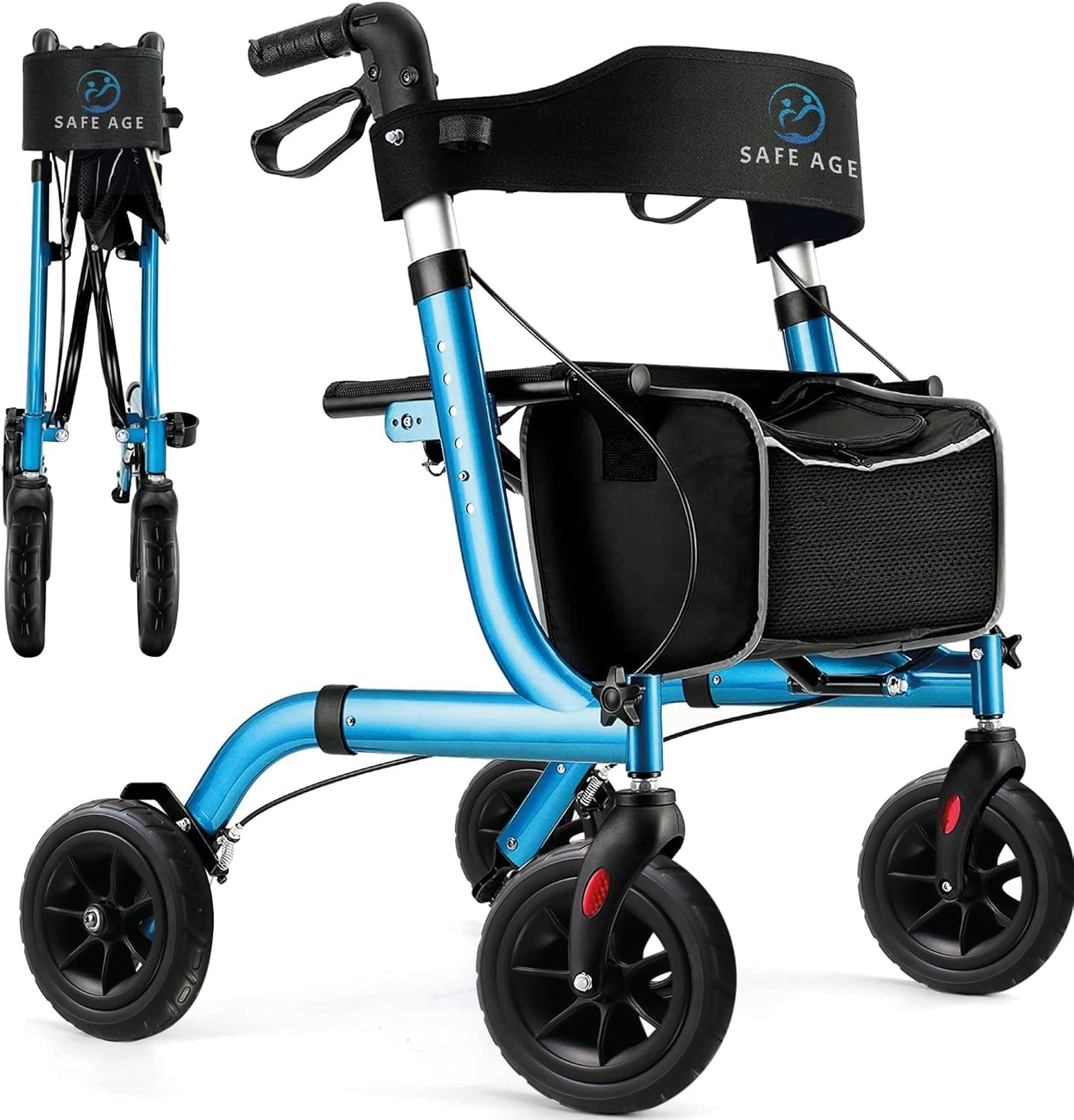 Safe Age Andador para Ancianos con Ruedas - Ligero y Plegable con Asiento para Interior y Exterior - con Respaldo y Soporte para Bastón