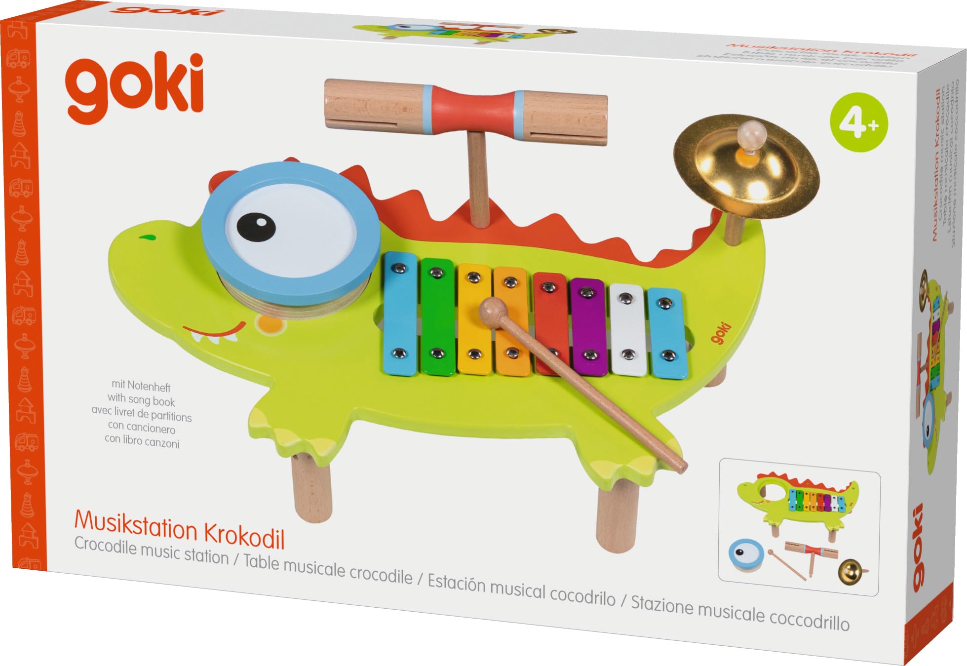 goki 61854 - stacja muzyczna krokodyl z drewna i metalu, kolorowe instrumenty, takie jak ksylofony i talerze, wspiera zainteresowanie muzyczne i percepcję słuchową, 41 cm x 25 cm x 12 cm, od 3 lat